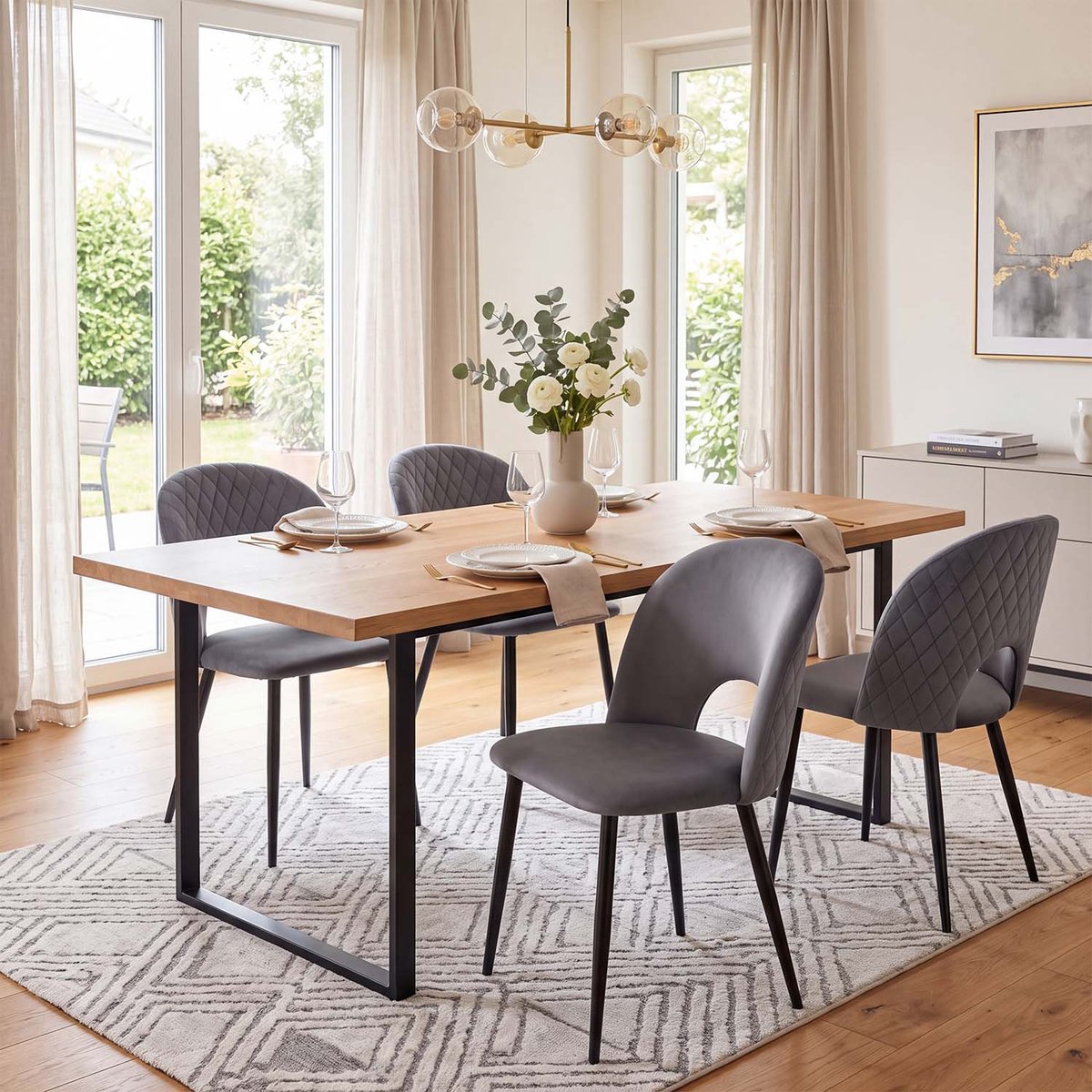 Lot de 4 chaises de salle à manger style industriel en velours, BANZEL gris, MEUBLES COSY
