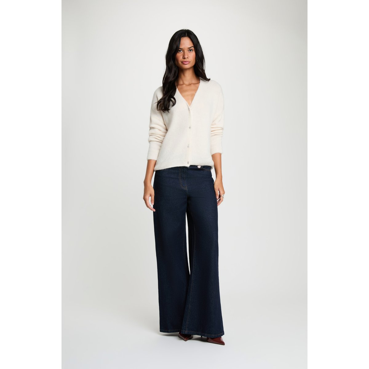 Gilet tricot col v ivoire, MORGAN