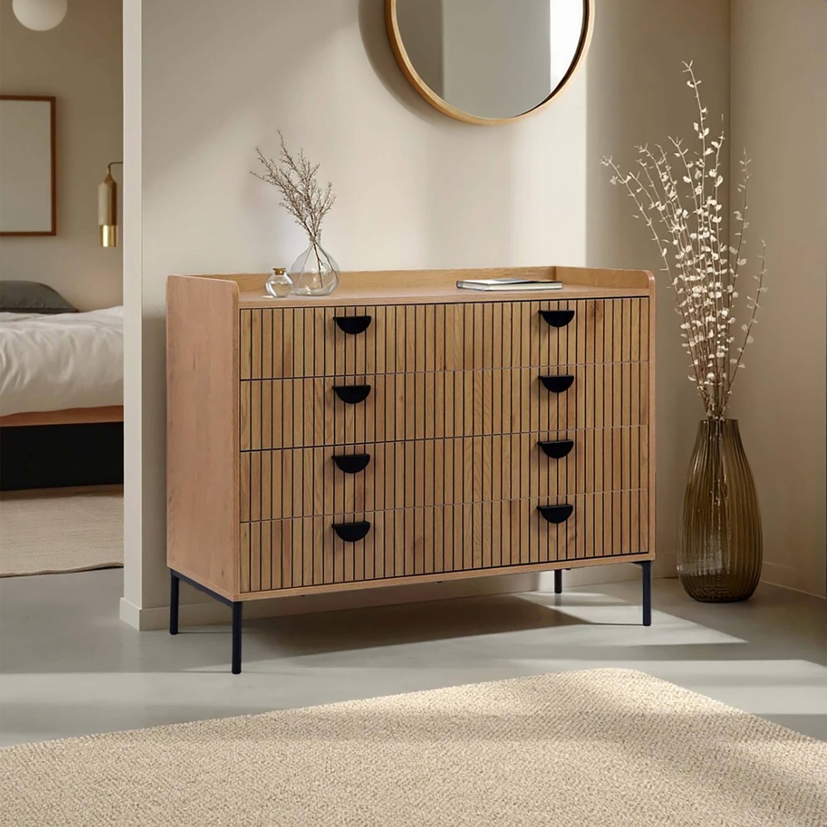 Commode à 5 tiroirs en MDF décor mélaminé 100 cm, ZELIE beige, OVIALA