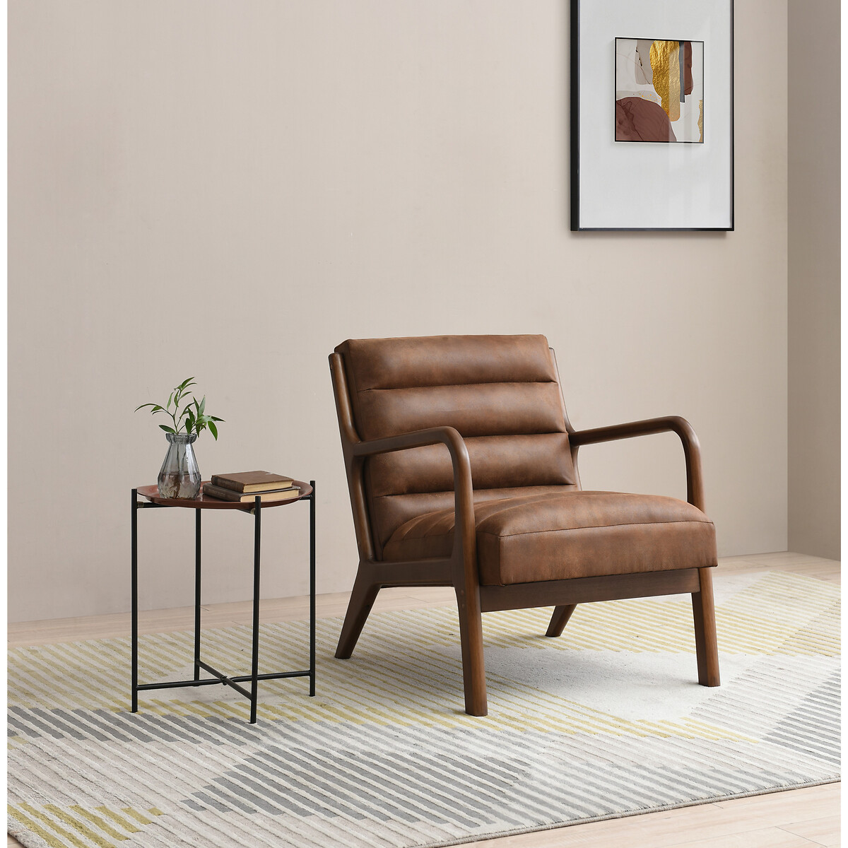Ezra Faux Leather Ribbed Armchair brown              , SO'HOME