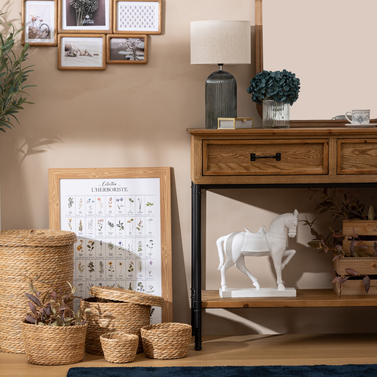 Console 2 tiroirs en bois sapin piètement fer DANIK marron, ATMOSPHERA