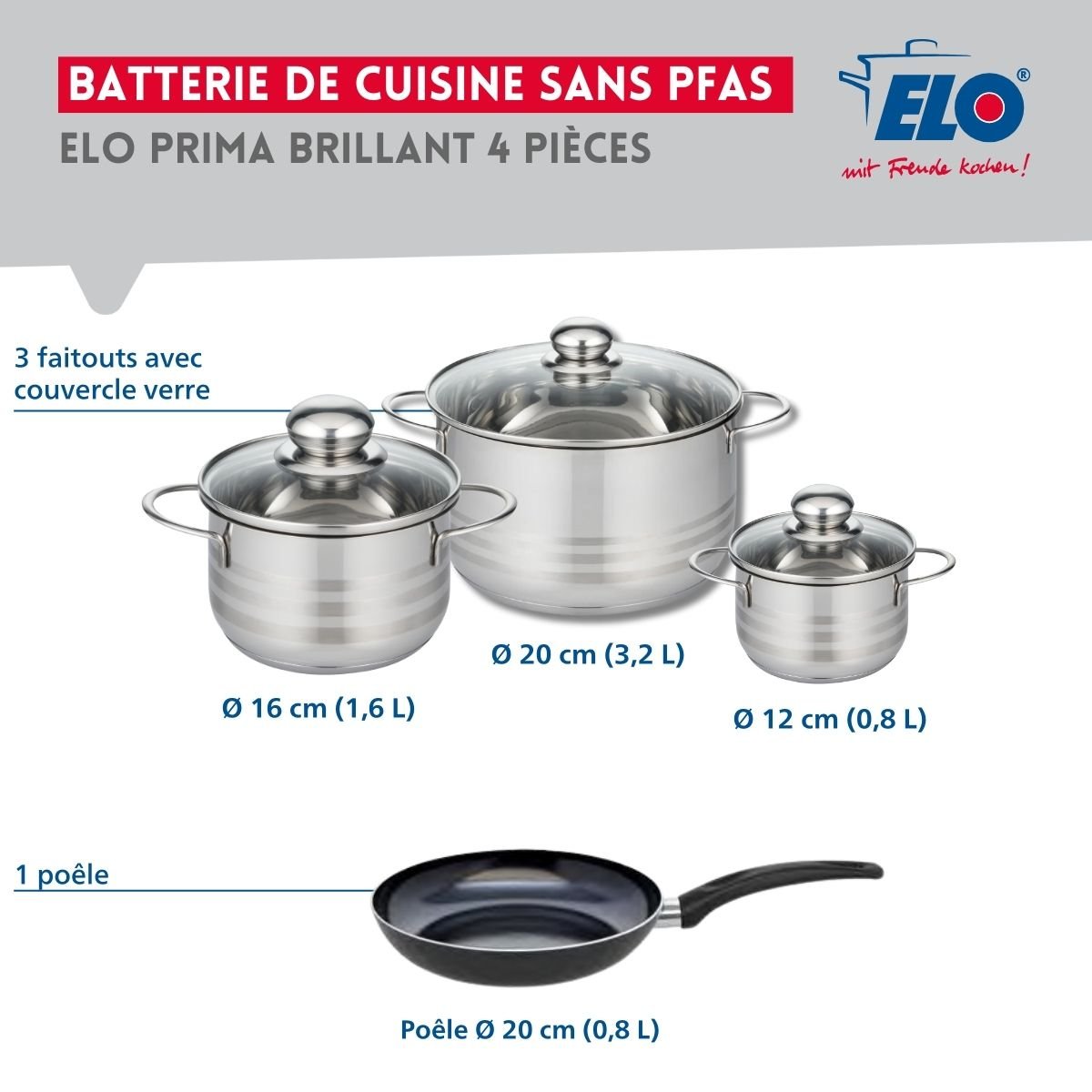 Batterie 1 poêle 20cm + 3 faitouts 12/16/20cm PRIMA BRILLANT noir, ELO