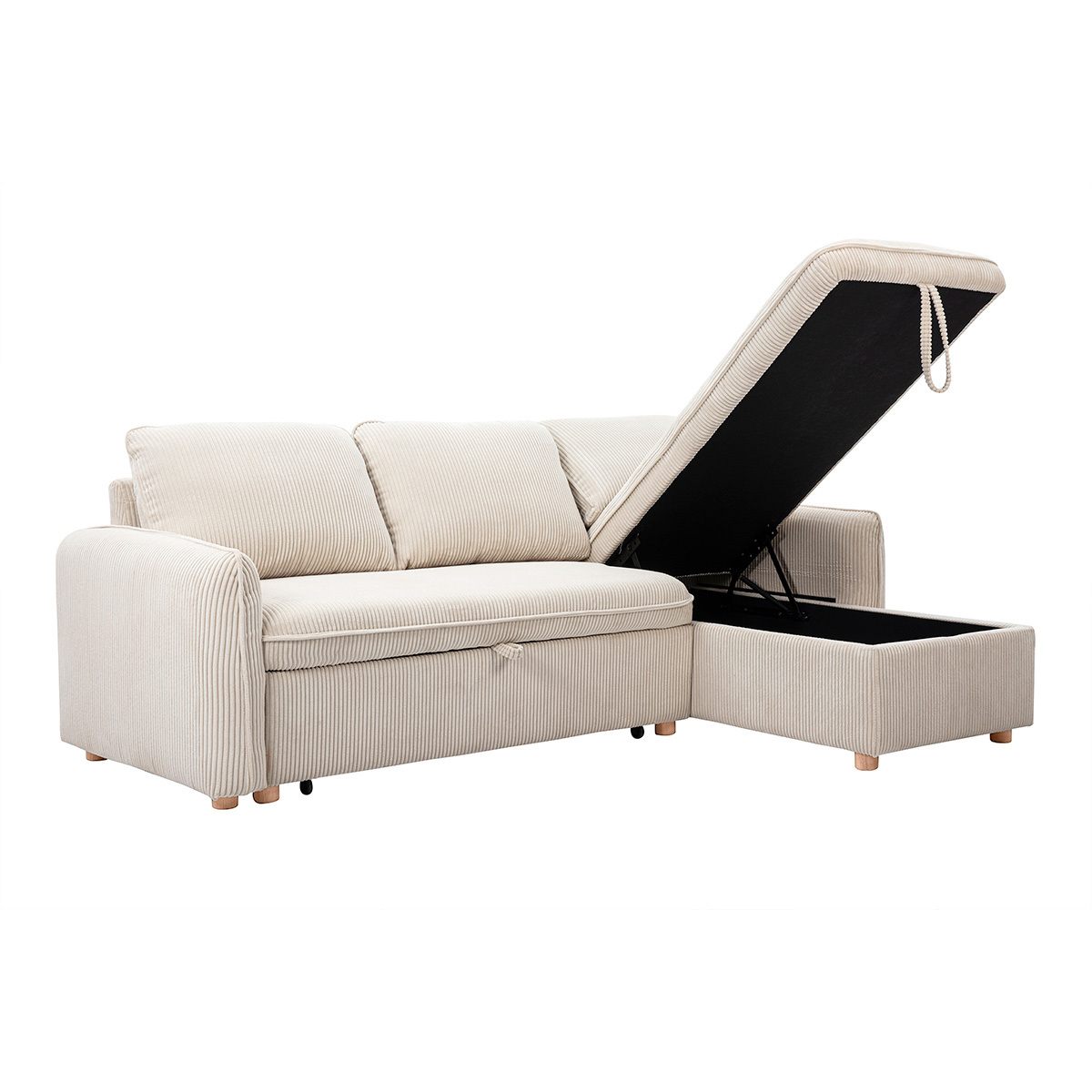 Canapé d'angle convertible réversible avec coffre 3 places en tissu velours côtelé beige et bois clair ORSO beige, MILIBOO