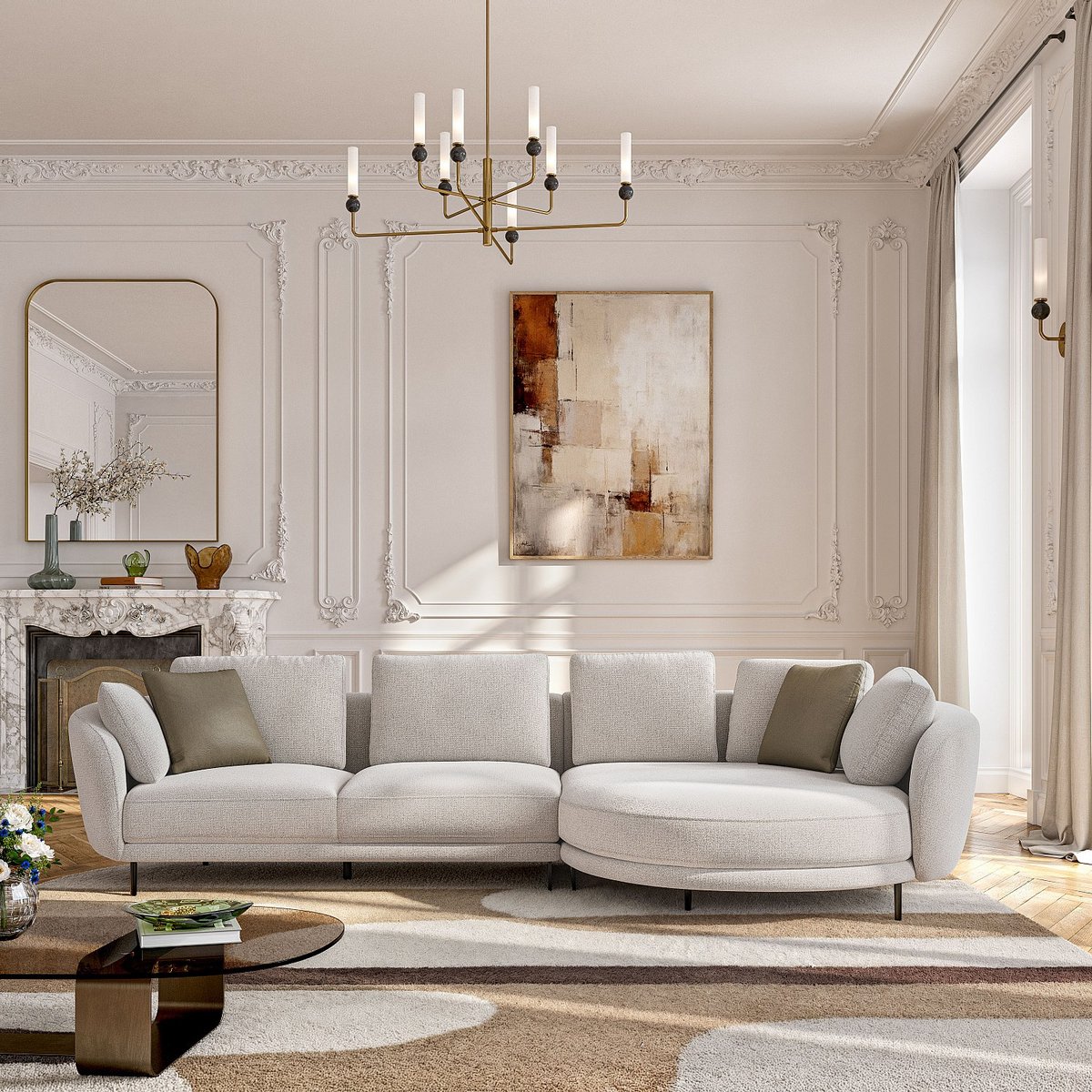 Canapé d'angle gauche déhoussable en tissu et dossier garni de plumes VELIA beige, HABITAT