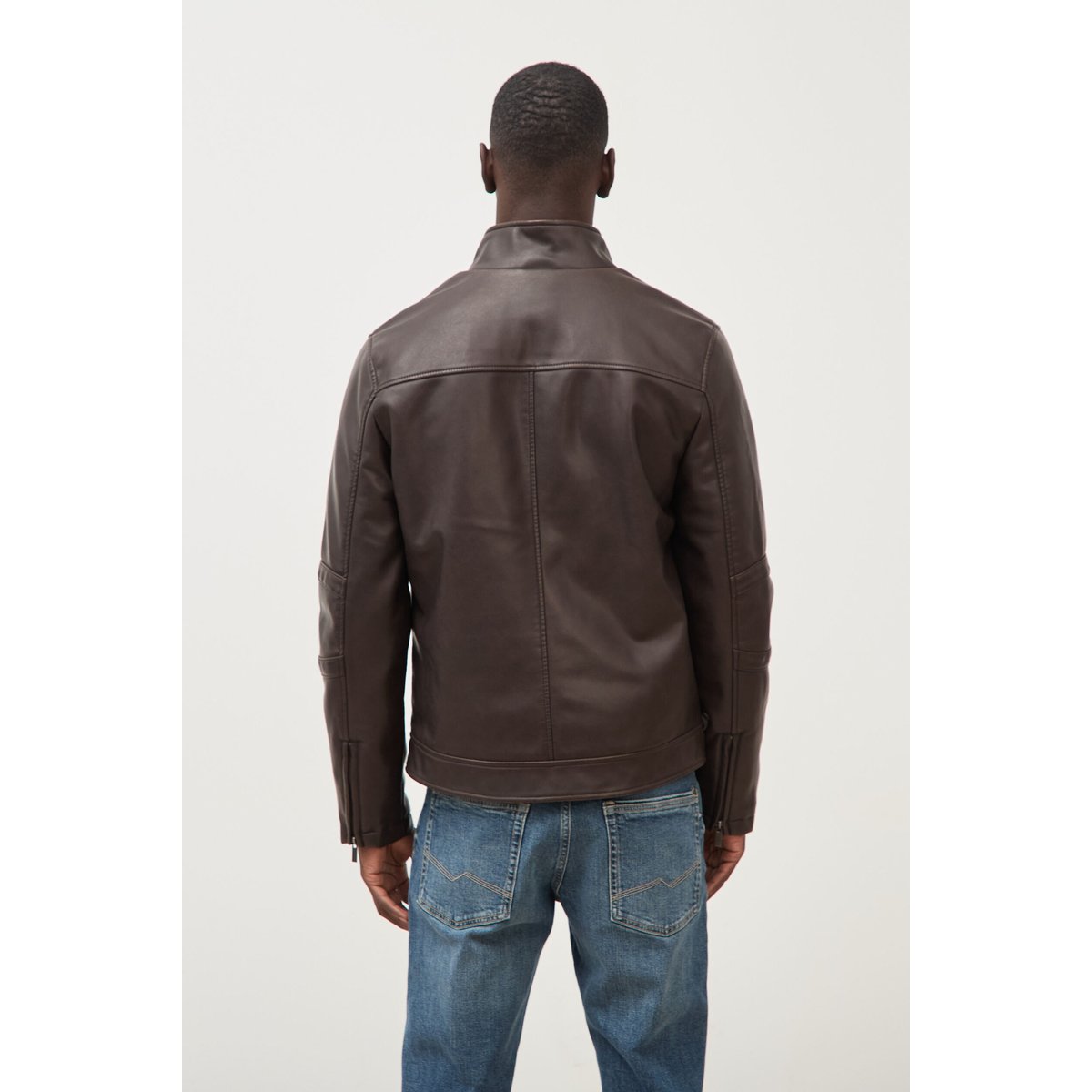 Blouson cintré similicuir col montant marron foncé, BONOBO