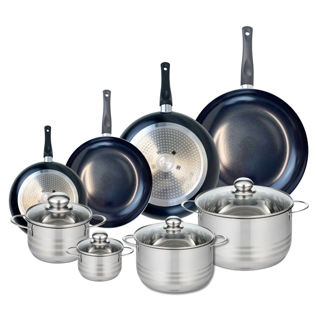 4 poêles 20/24/28/32cm + 4 faitouts 12/16/20/24cm PRIMA BRILLANT noir, ELO