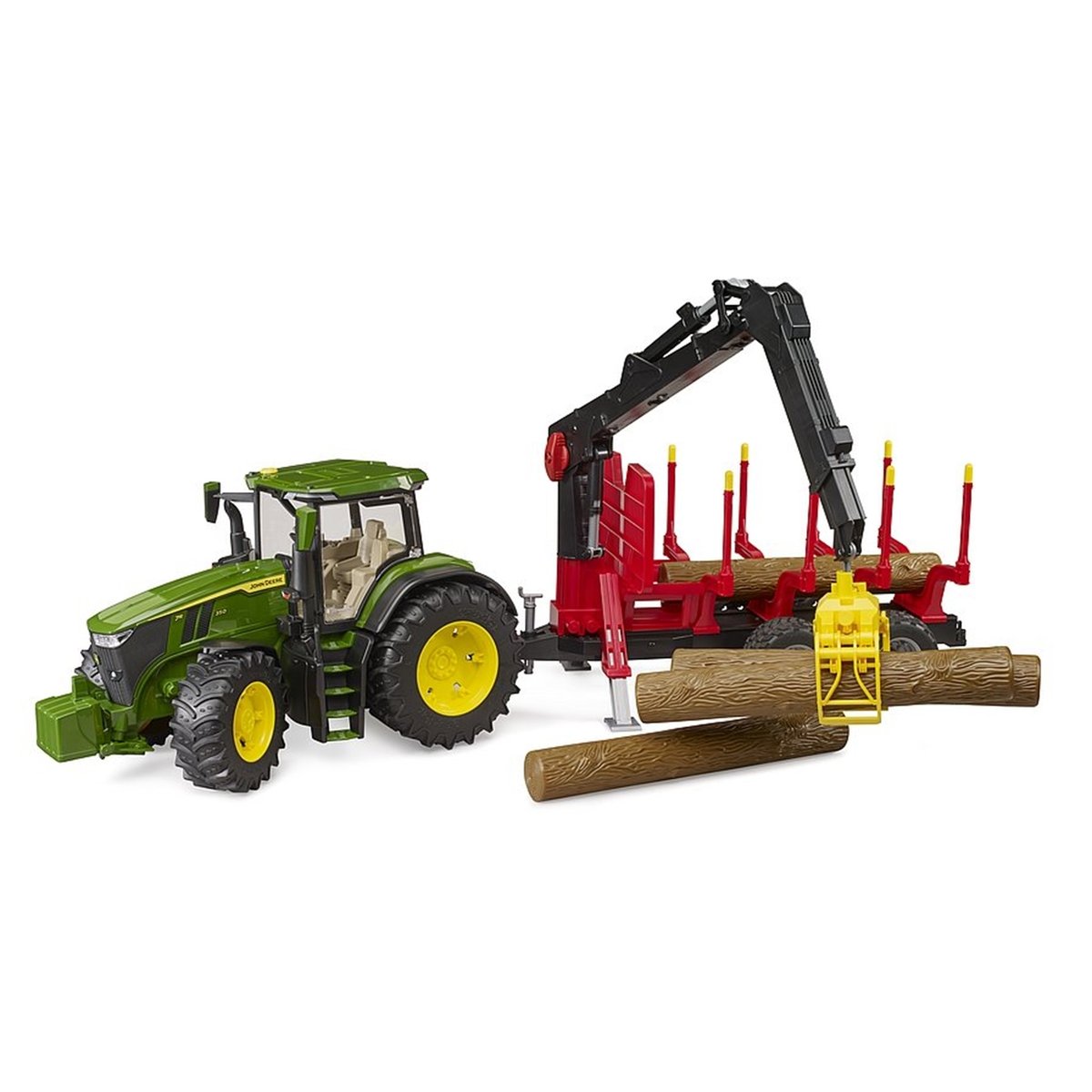 John Deere 7R avec remorque forestière et 4 troncs d'arbre multicolore, BRUDER