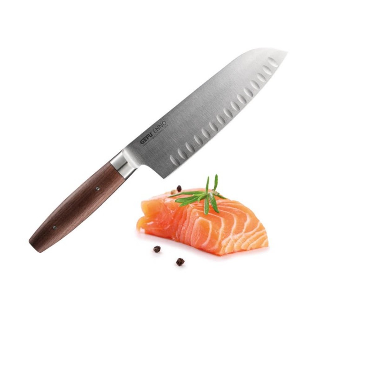 Couteau Santoku alvéolé Enno 18 cm avec lame cannelée en acier argent et marron, GEFU