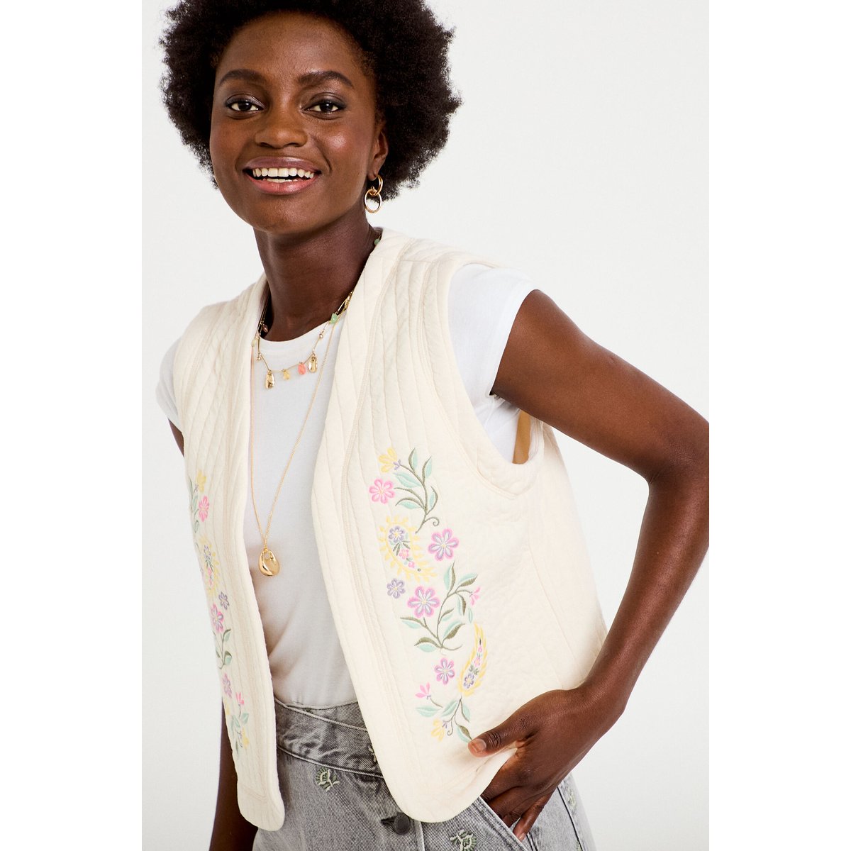 Gilet droit sans manches col rond ecru, CACHE CACHE