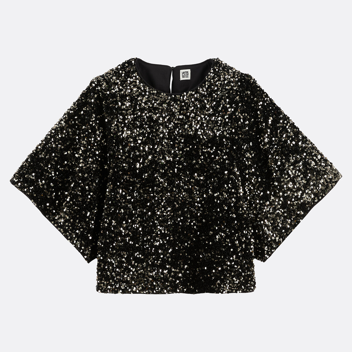 Blouse met ronde hals en zecchino's, korte mouwen zwart/goudbruin, LA REDOUTE COLLECTIONS