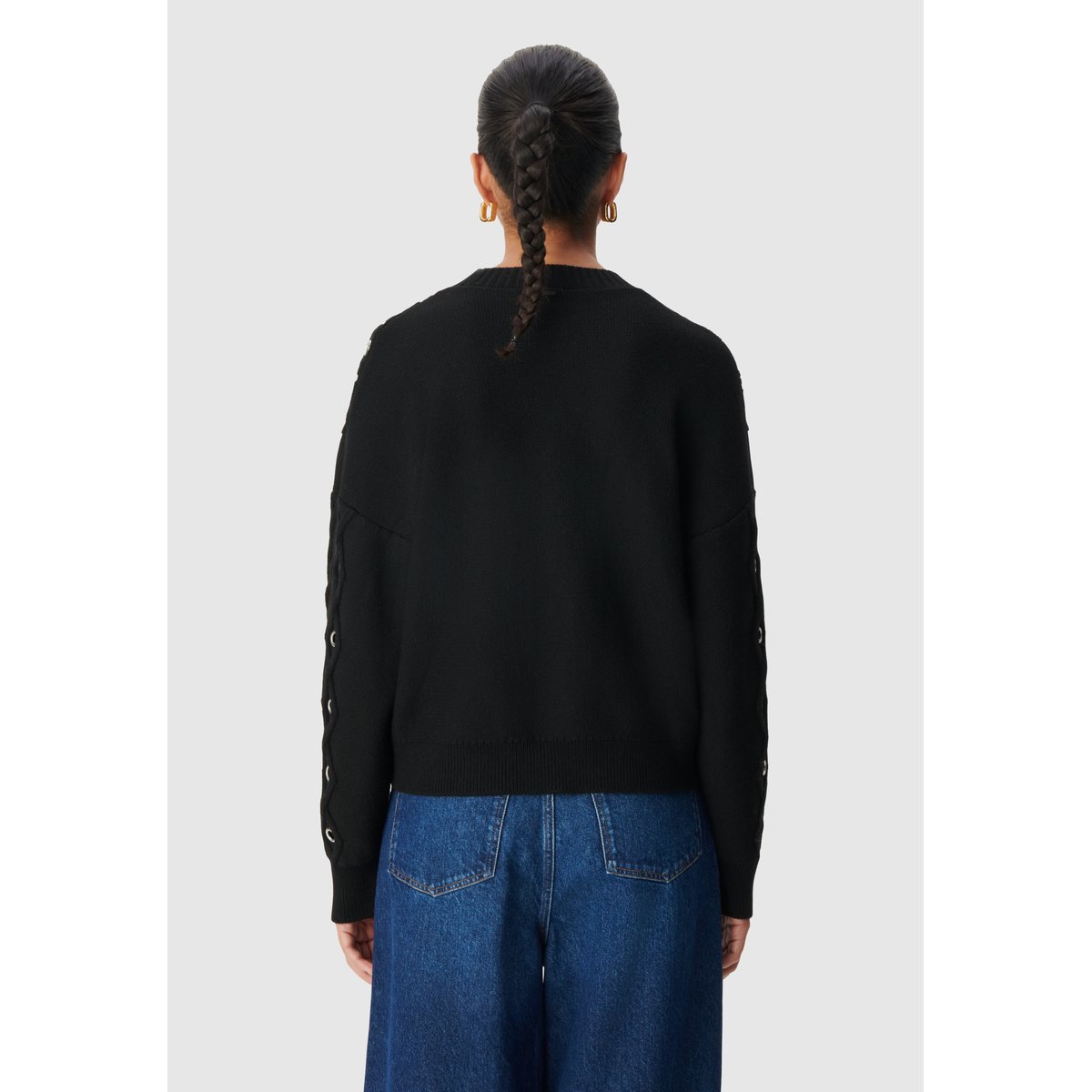 Pull tricot torsades et décor oeillets noir, IKKS