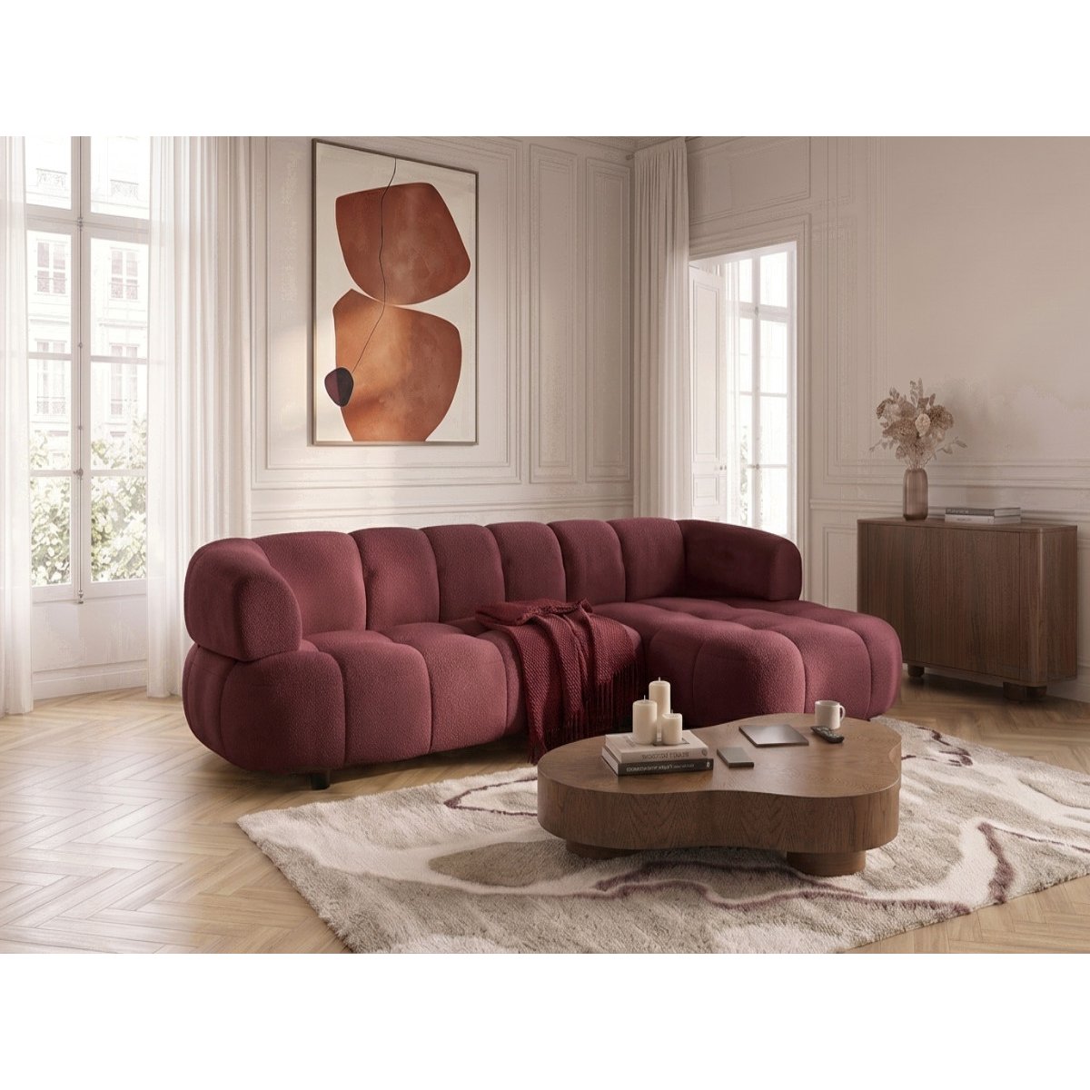Canapé d'angle convertible 3 places en tissu lisse, LOVELY rouge, BOBOCHIC