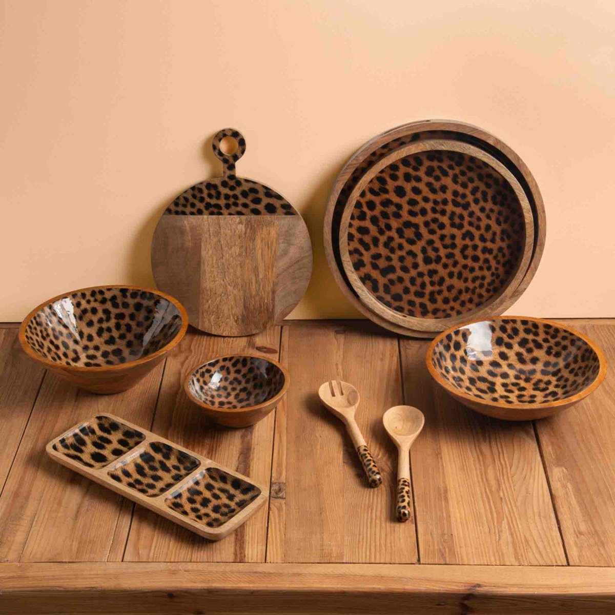 Saladier Léopard en manguier 30 cm marron, TABLE PASSION