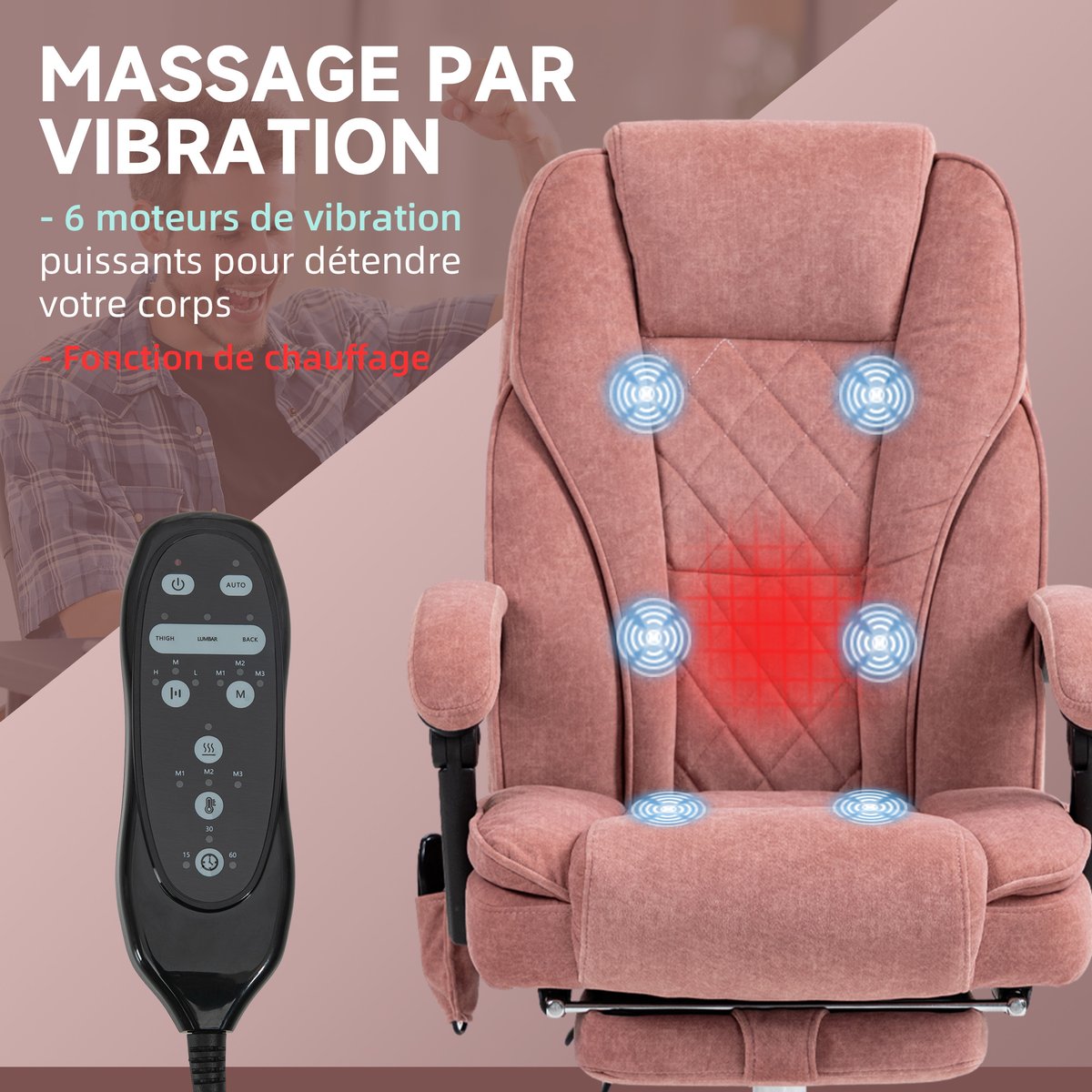 Fauteuil de bureau avec fonction massage rose, HOMCOM