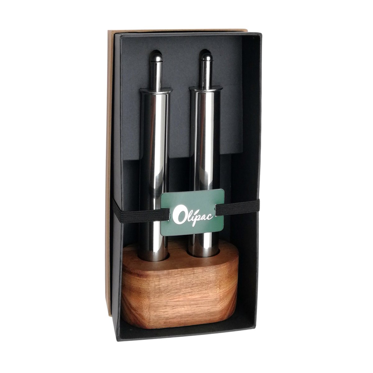 Set 2 pièces huile et vinaigre inox avec socle en bois argent / métallique, IPAC