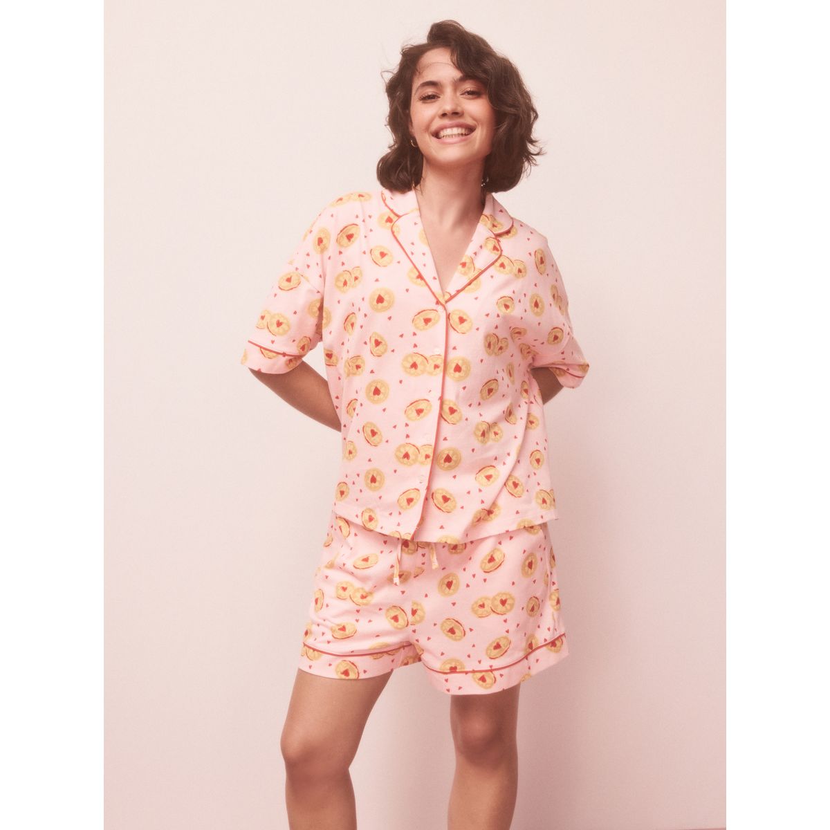 Ensemble pyjama short en jersey à boutons biscuit rose, NEXT