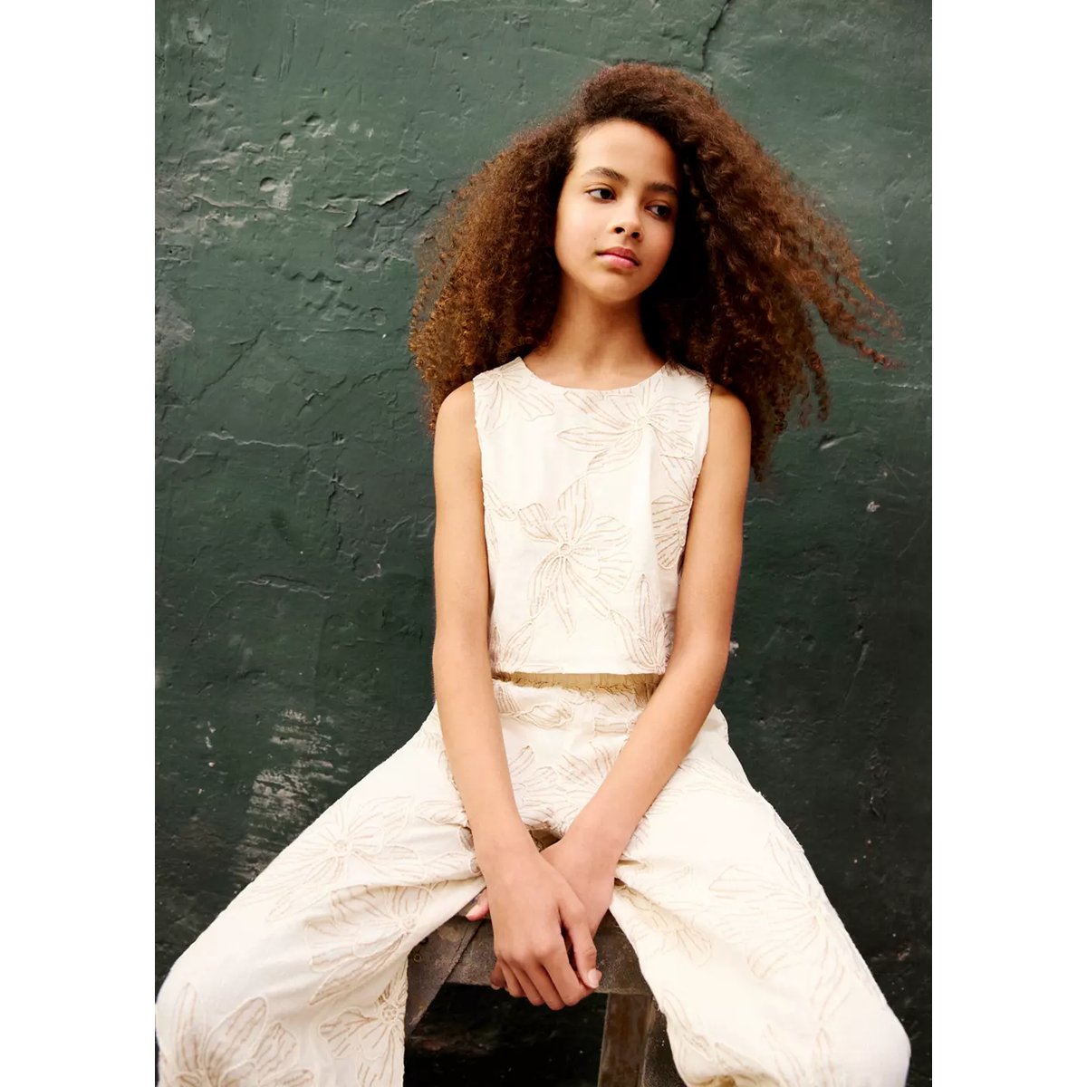 Blouse en coton fleurs brodées beige, MANGO KIDS