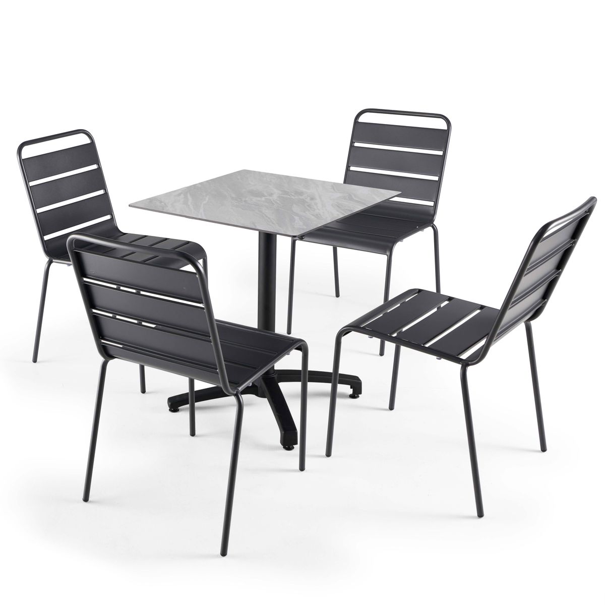 Salon de jardin table inclinable en HPL et 4 chaises en métal marbre chaise gris anthracite, OVIALA