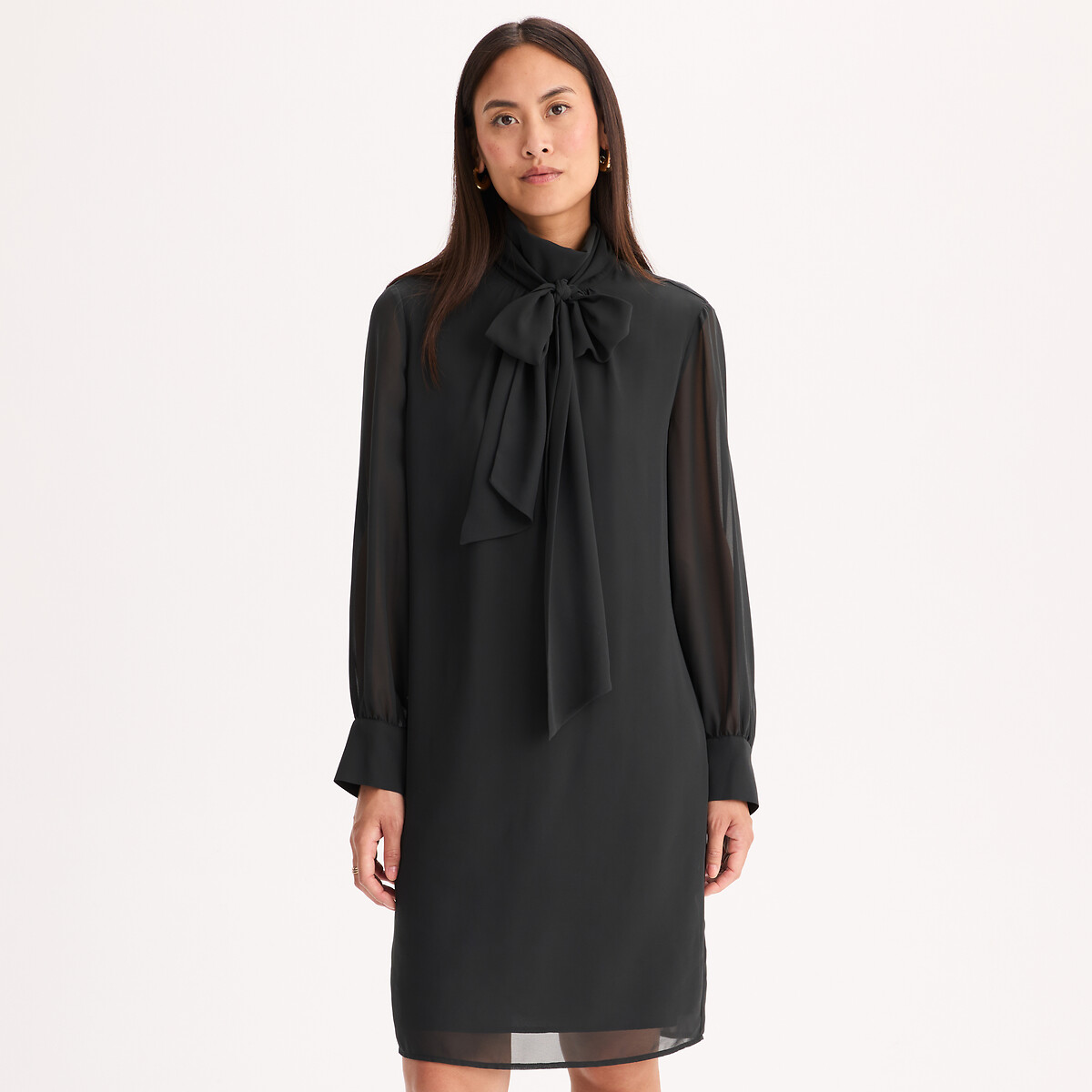 Robe à col lavallière, longueur genou, manches longues noir, ANNE WEYBURN
