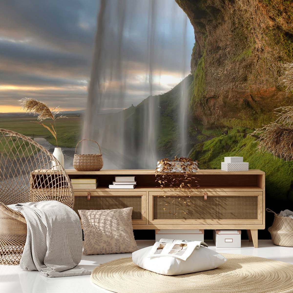 Papier peint panoramique sous une cascade en islande intissé, HEXOA
