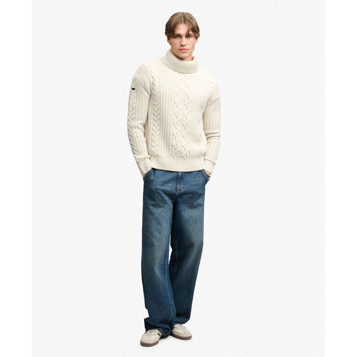 Pull à col roulé Jacob en maille torsadée écru, SUPERDRY