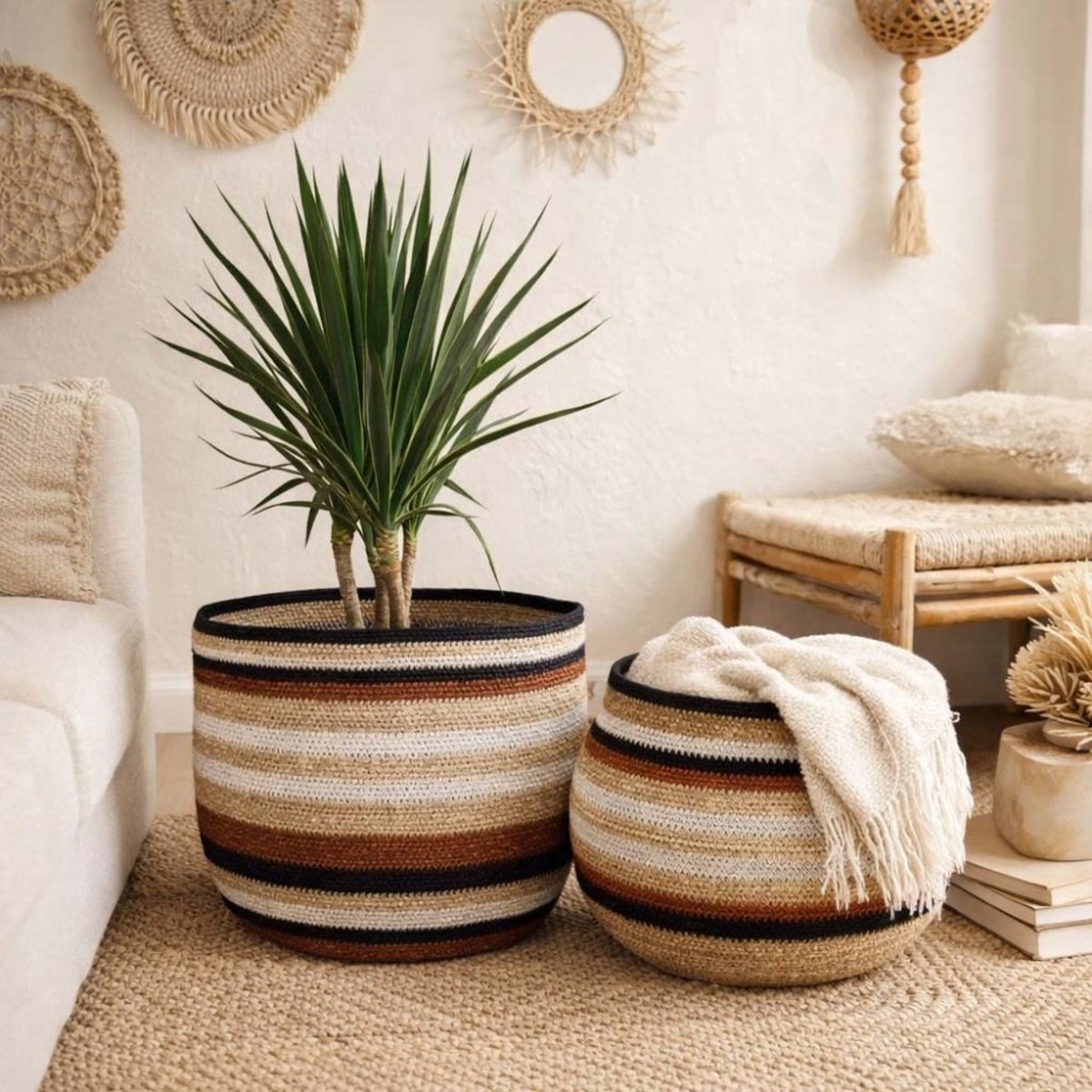 Set de 3 paniers bas rayés en herbes marines marron et beige marron, ORNAMI