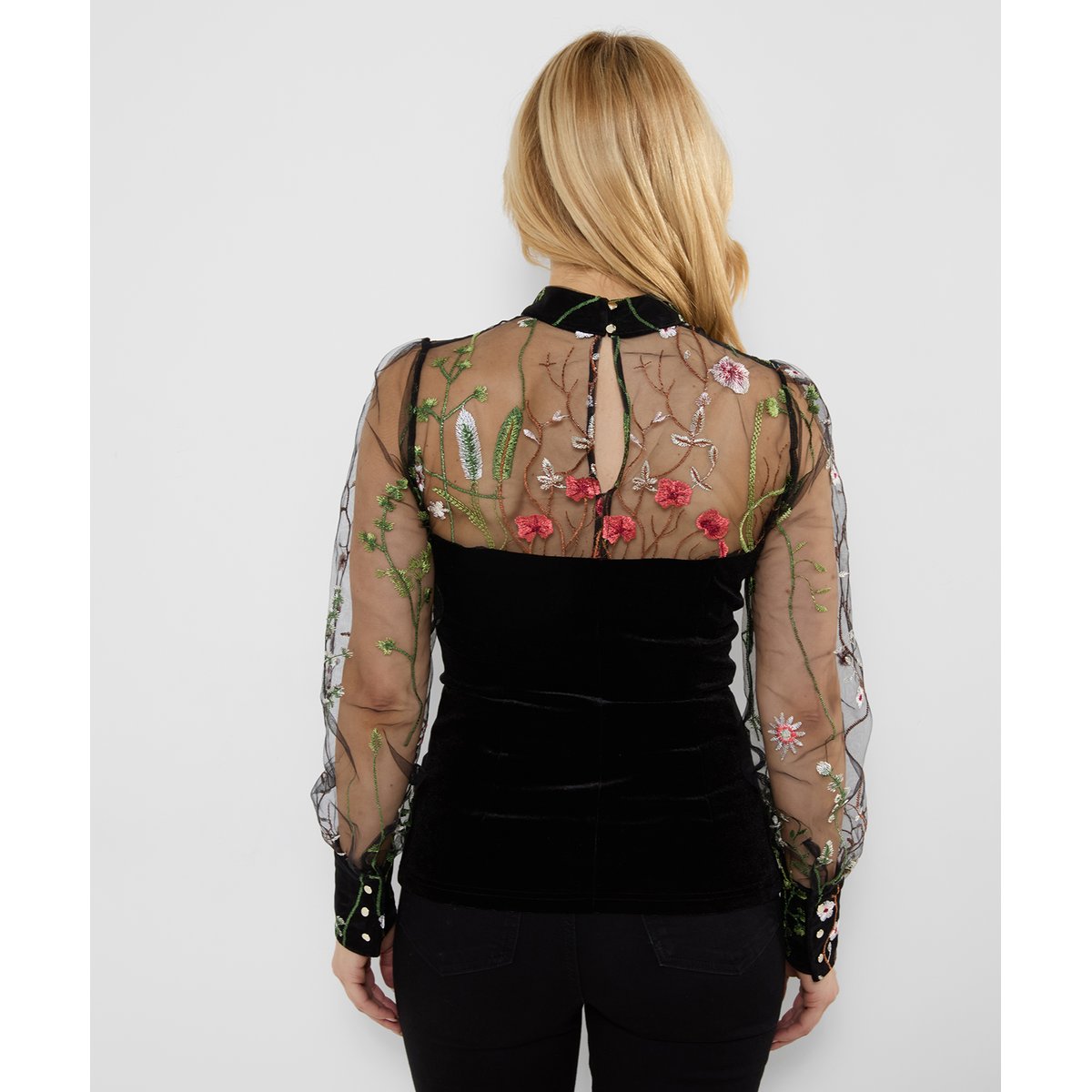 Blouse en Velours à Col Montant et Manches en Mesh Brodées noir, JOE BROWNS
