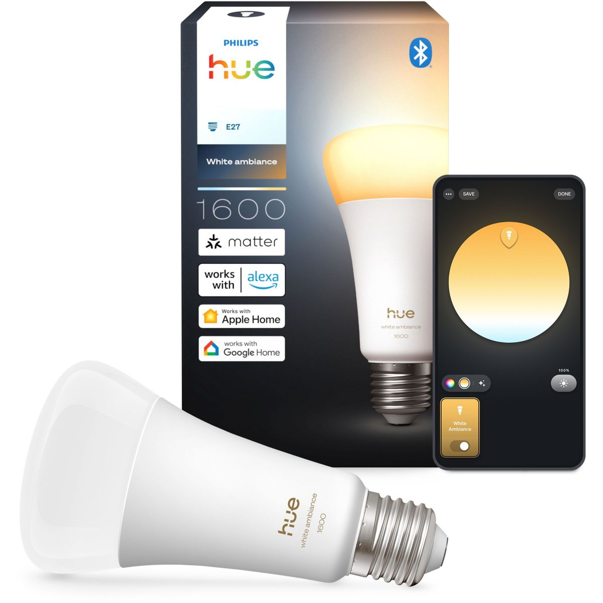 Ampoule LED connectée E27 White Ambiance 100W couleur unique, PHILIPS HUE