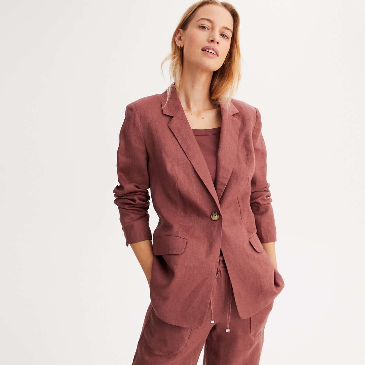 Slim-Fit Long Jacket in Pure Linen brown, ANNE WEYBURN