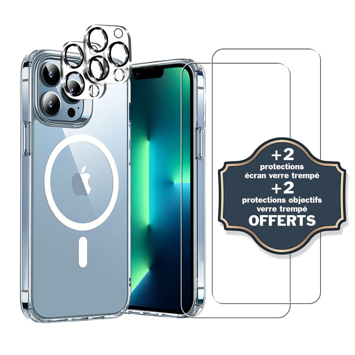 Coque Anti-choc compatible Magsafe pour iPhone 13 Pro Max Transparente + 2 protections écran et 2 protections objectif caméra transparent, EVETANE