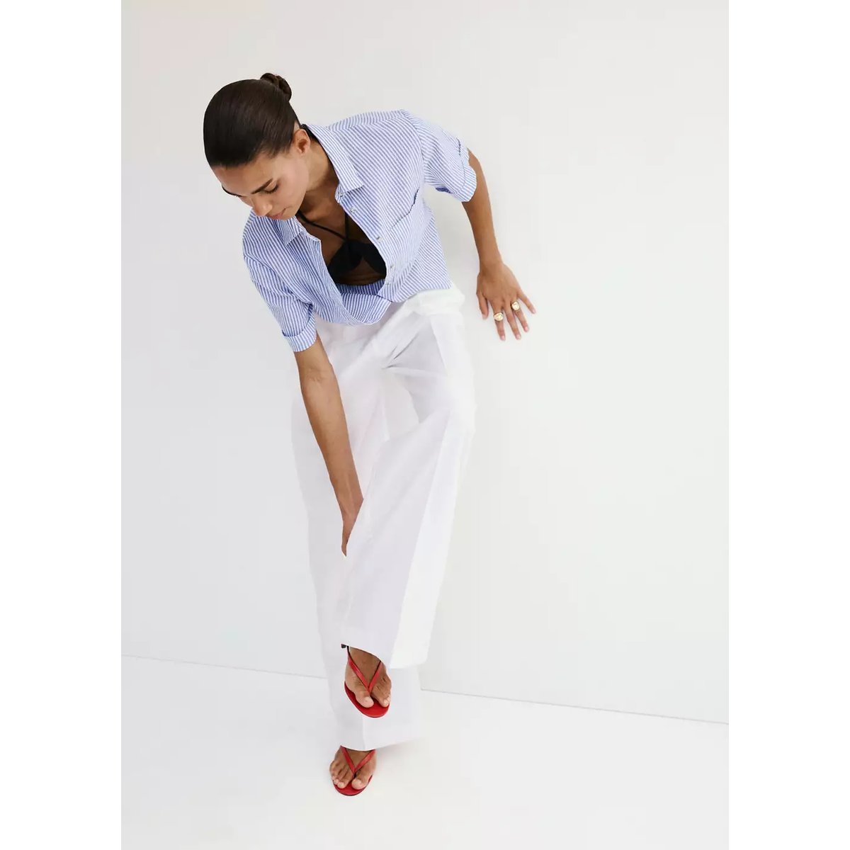 Chemise coton et lin à rayures bleu ciel, MANGO