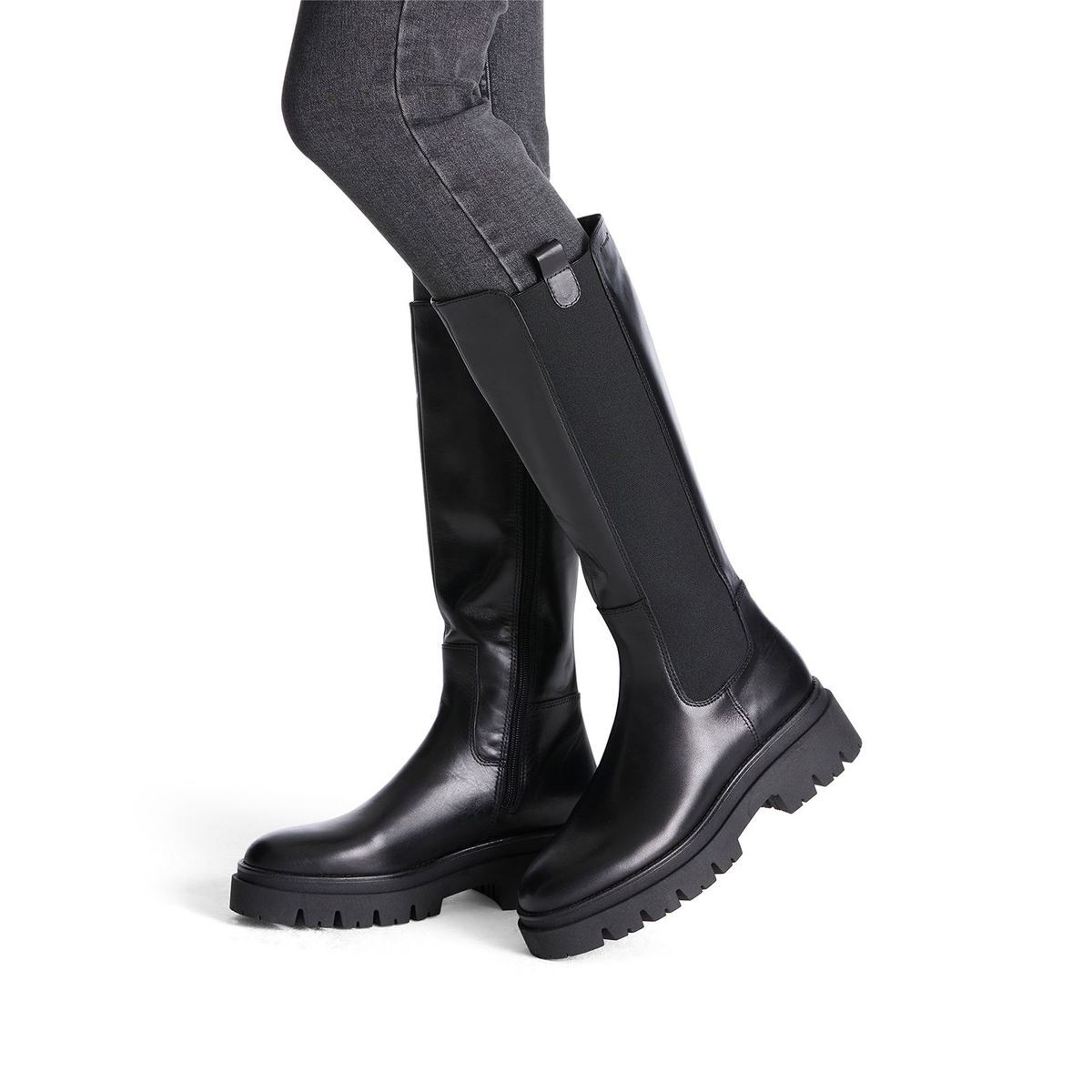 Bottes plates élastiquées en cuir noir, TAMARIS