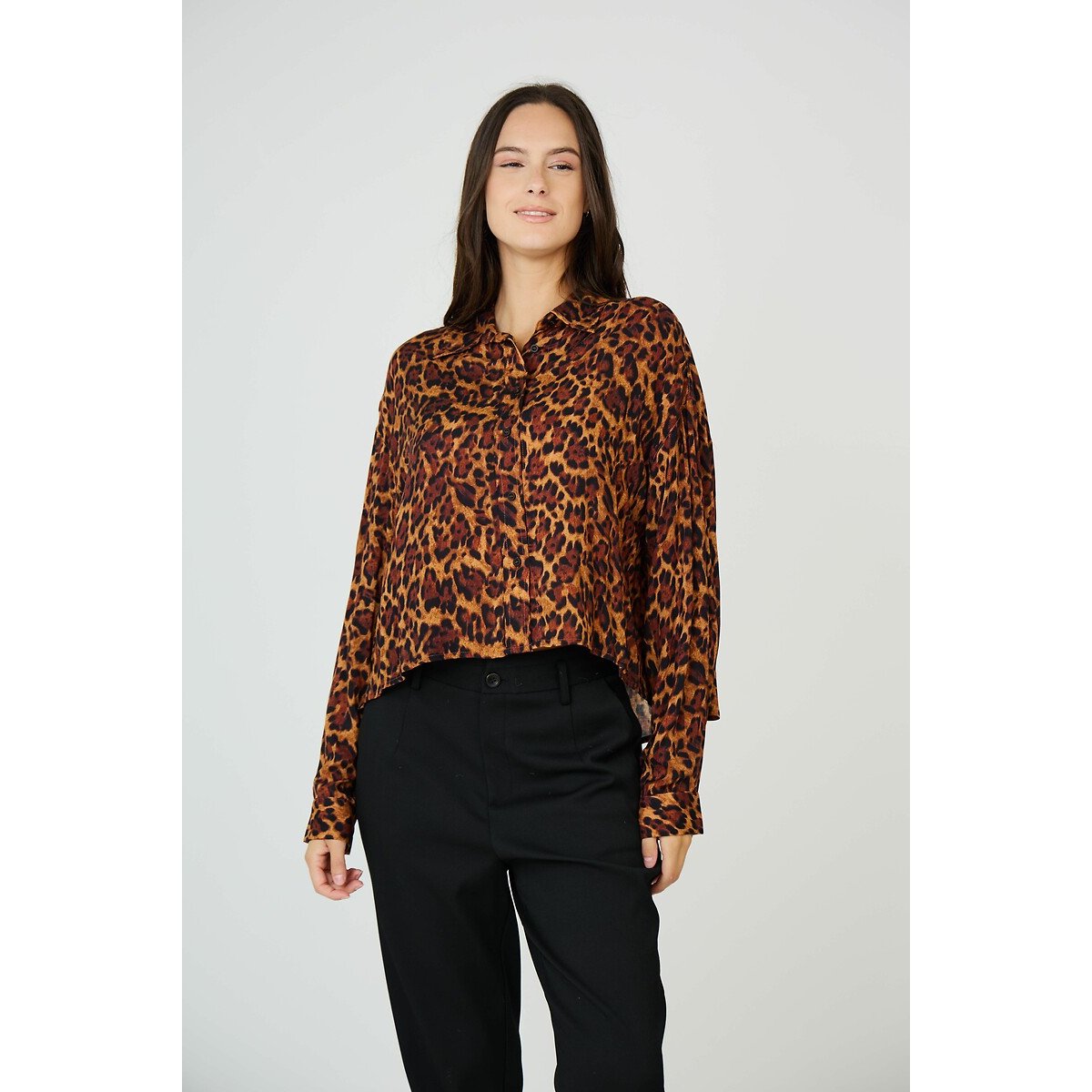 Animal Print V-Neck Blouse brown, SEE U SOON