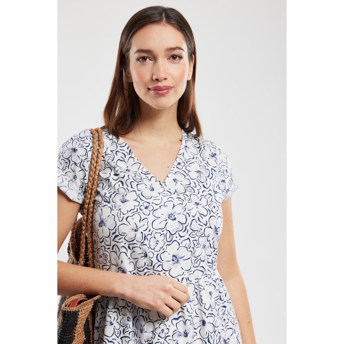 Robe cache-coeur fleurie en coton imprimé fleuri blanc/seal, ARMOR-LUX