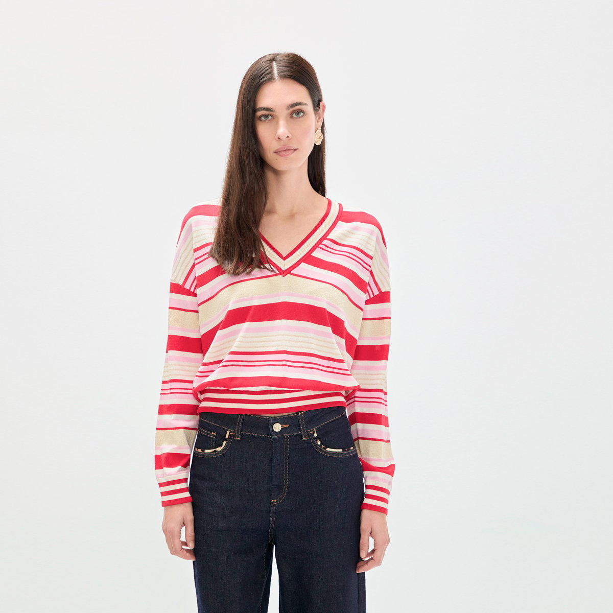 Pull esprit marinière à col V rayé rose, LOLA CASADEMUNT