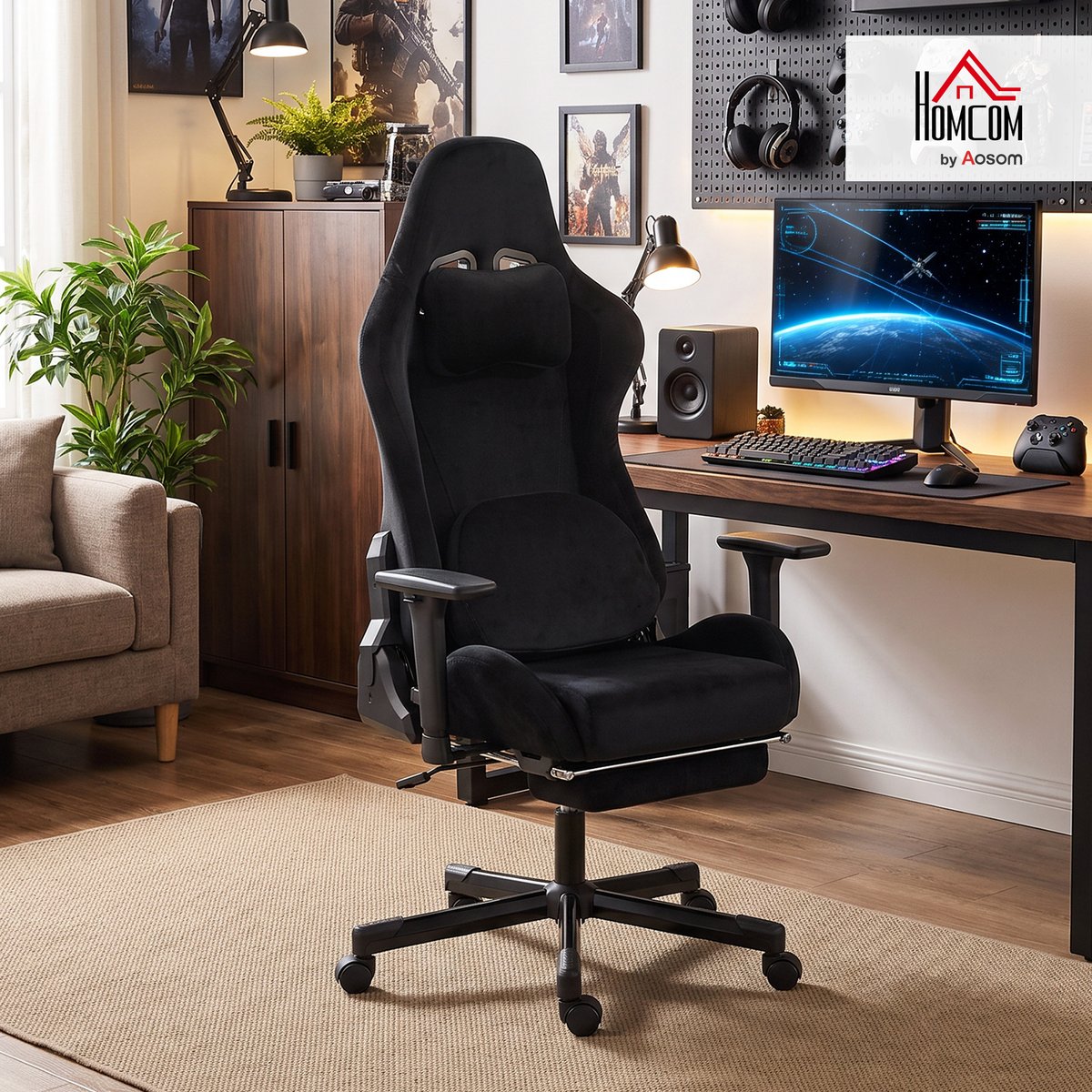 Fauteuil gaming Lin (60 % coton Noir noir, HOMCOM
