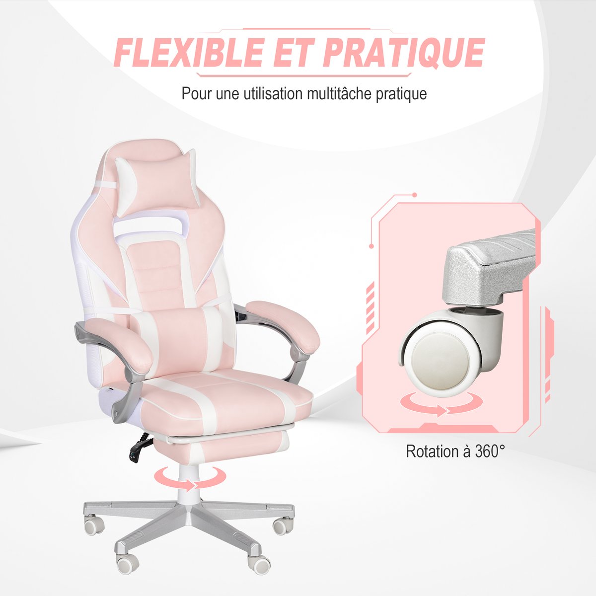 Fauteuil gaming Polyuréthane Rose rose, blanc, HOMCOM