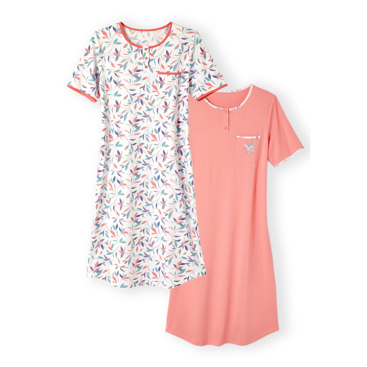 Lot de 2 Chemises de nuit pur coton peigné lot rose feuillage, DAMART