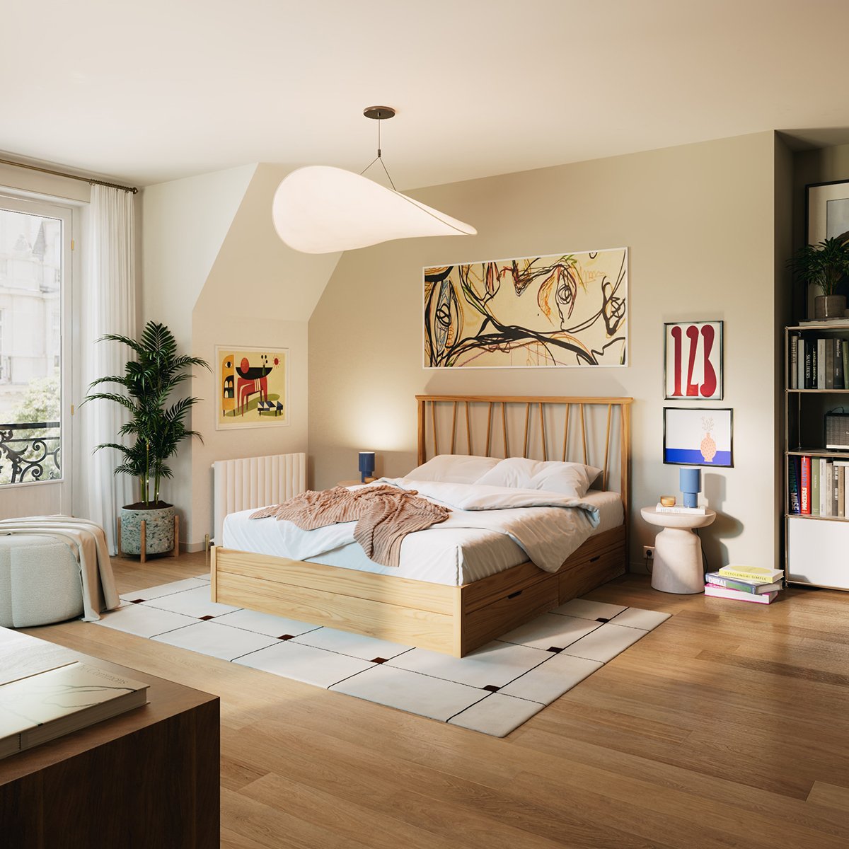 Lit barreaux bois de pin tiroirs LENI bois clair, SLOME
