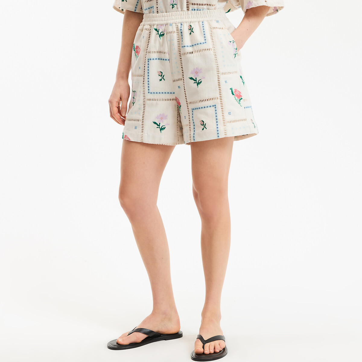Short brodé floral à taille élastiquée beige naturel, LA REDOUTE COLLECTIONS