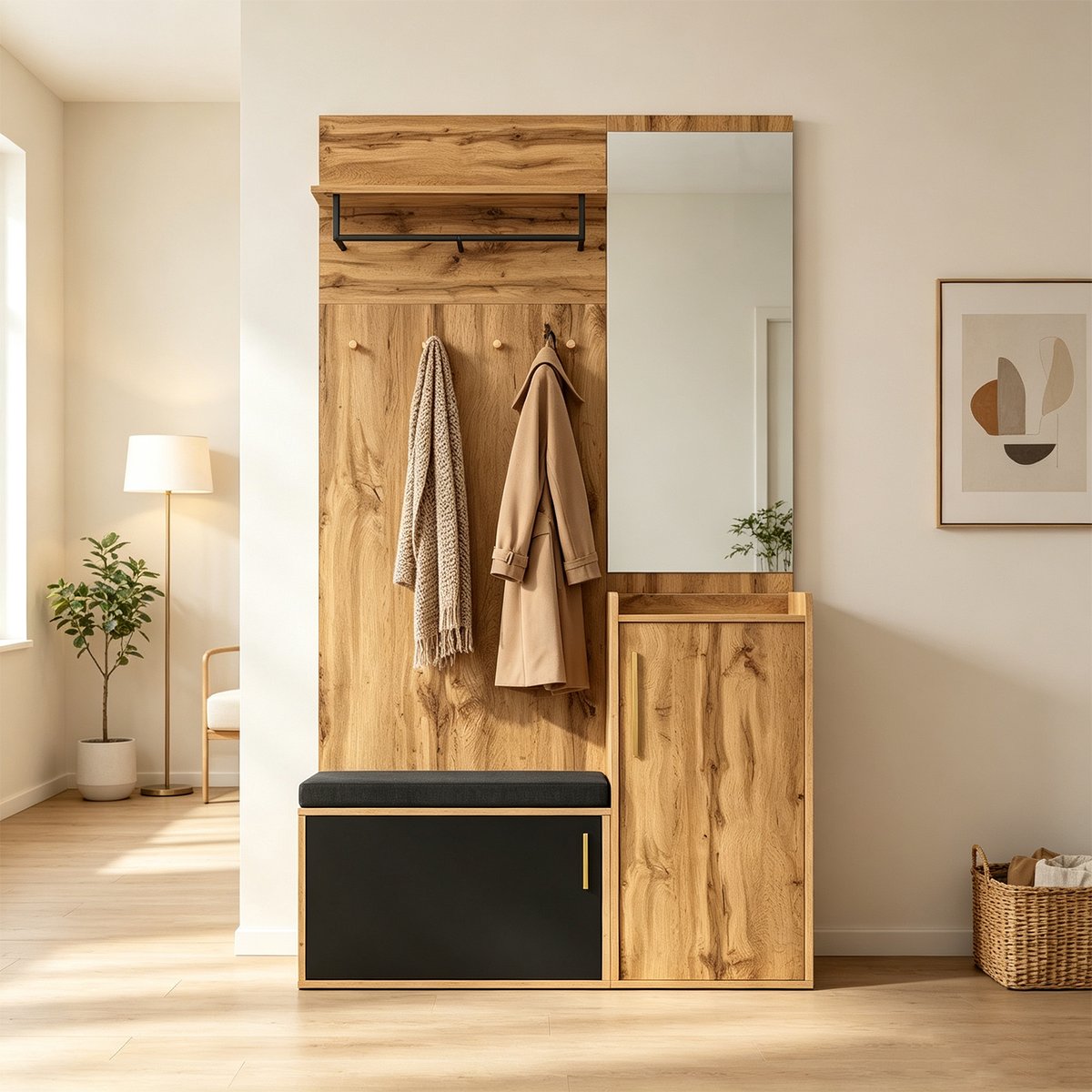 Vestiaire d'entrée avec miroir banc et rangement, PORTER-H hêtre, MEUBLES COSY