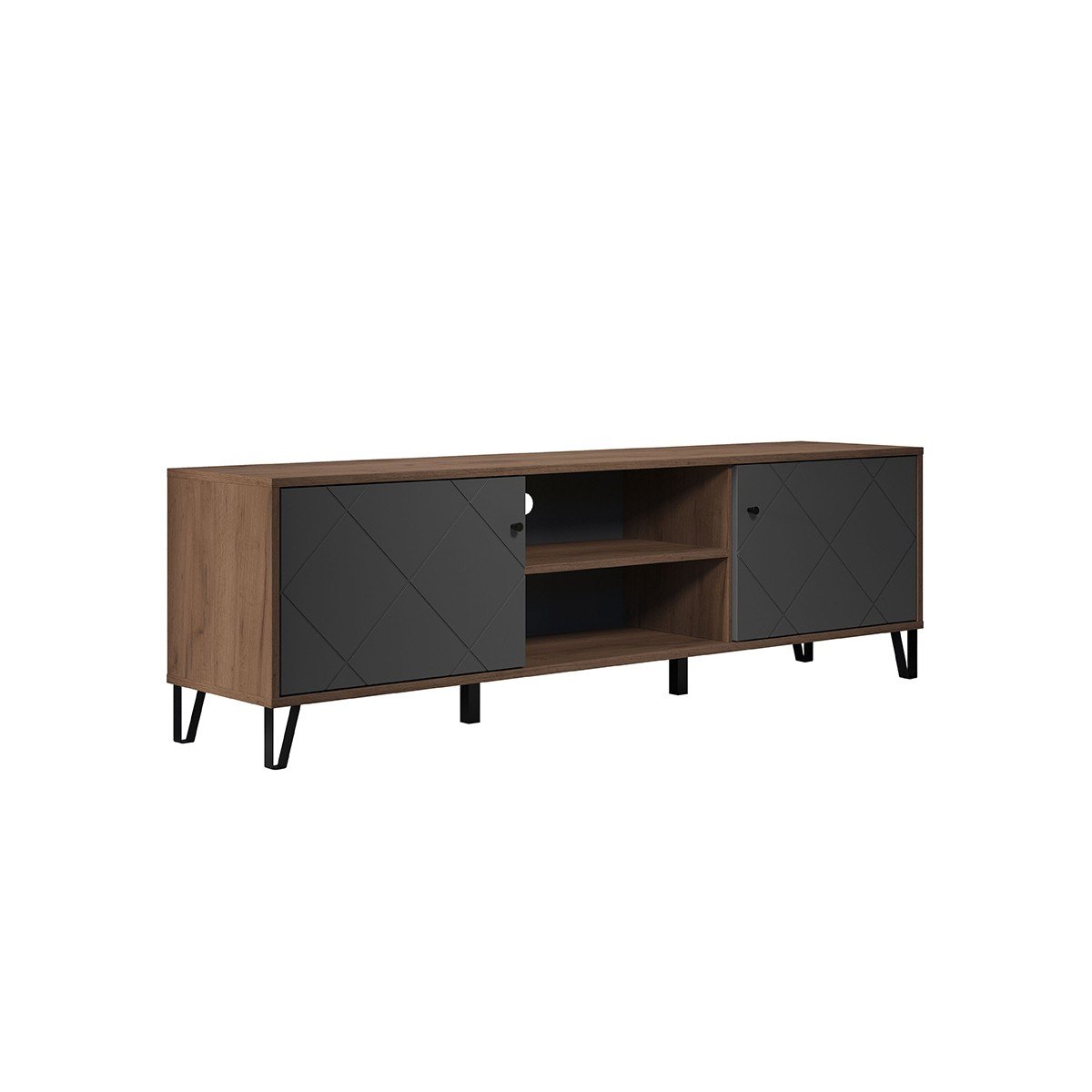 Meuble TV avec 2 portes et 2 niches L183 cm - Montez gris anthracite, CALICOSY