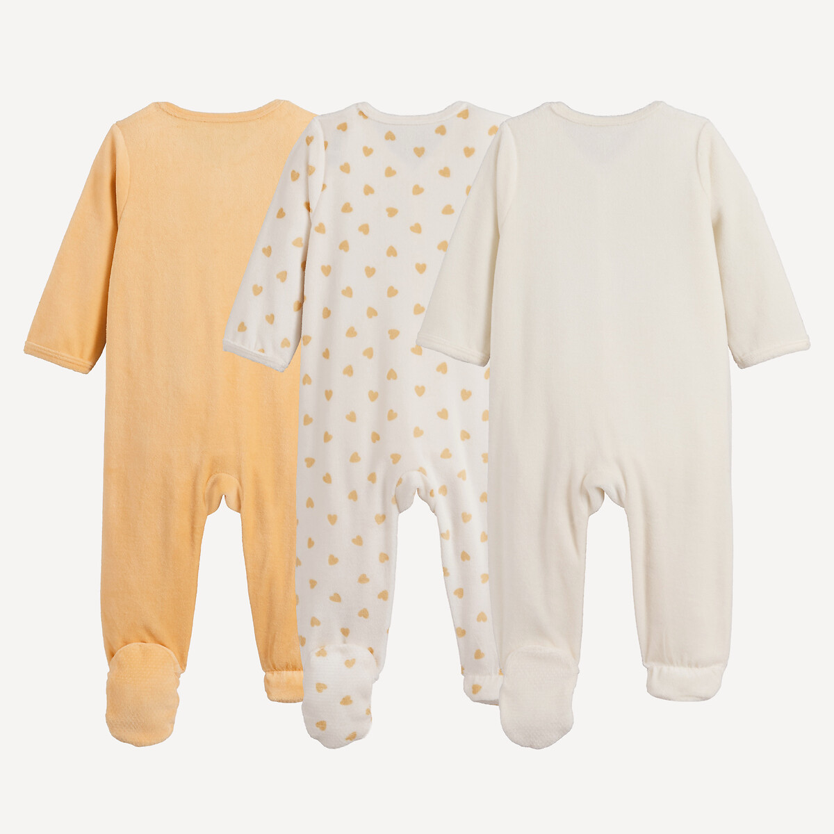 Pack of 3 Heart Print Velour Sleepsuits ecru/yellow, LA REDOUTE COLLECTIONS