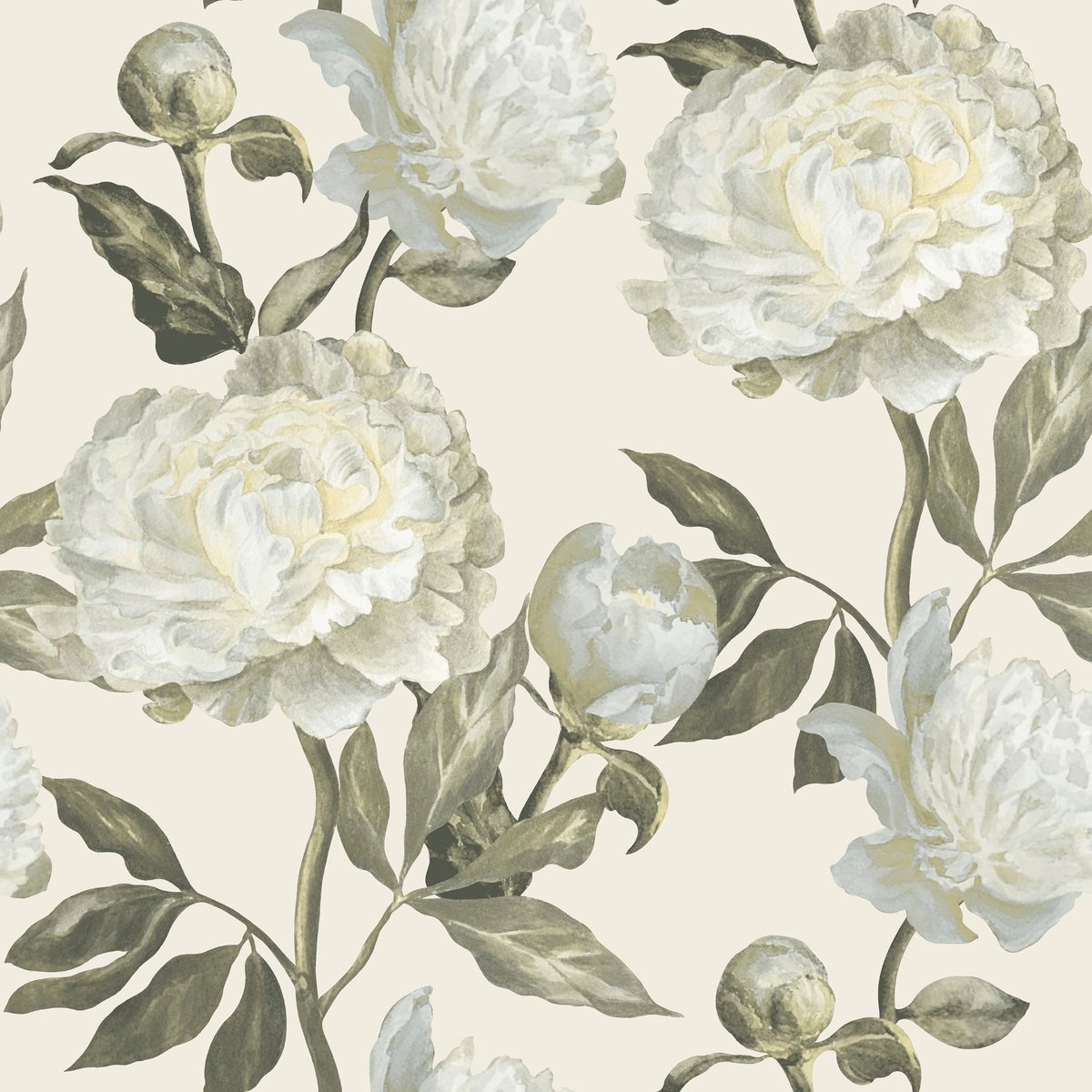 Papier peint Fleurs Vintage Pivoine beige, vert, écru, WOW