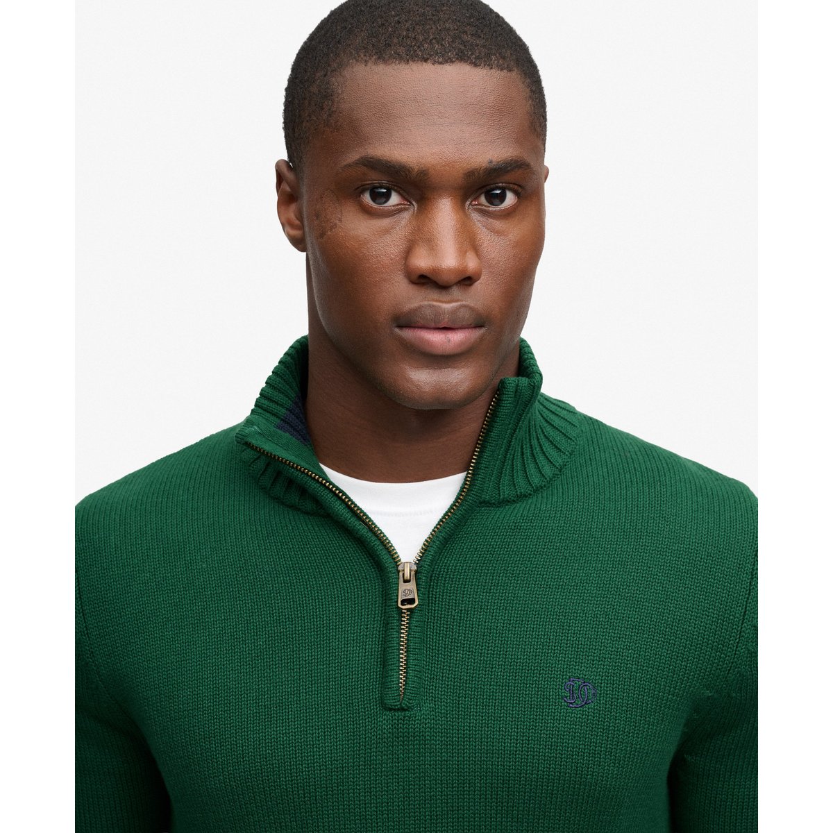 Pull Maille Demi-Zip Coupe Ajustée vert forêt, SUPERDRY