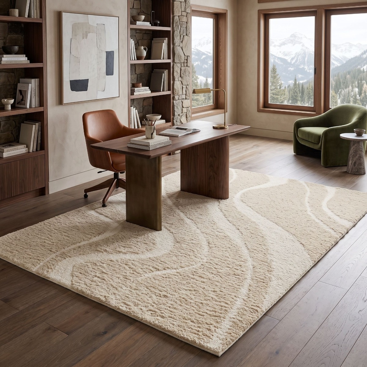 Tapis shaggy doux à relief graphique ORGANIC WAVES beige, THE DECO FACTORY