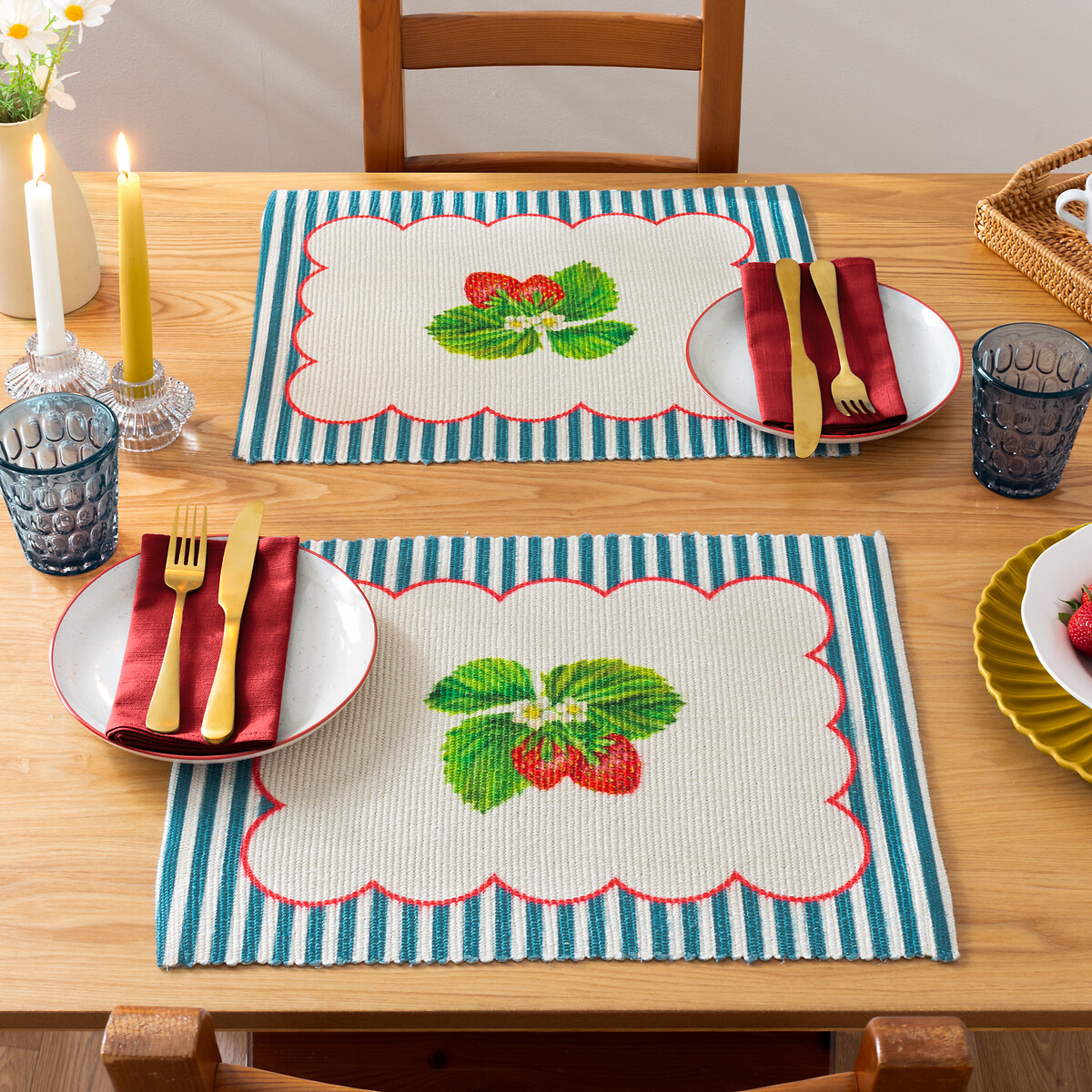 Set of 4 Strawberry Stripe Placemats blue, SO'HOME