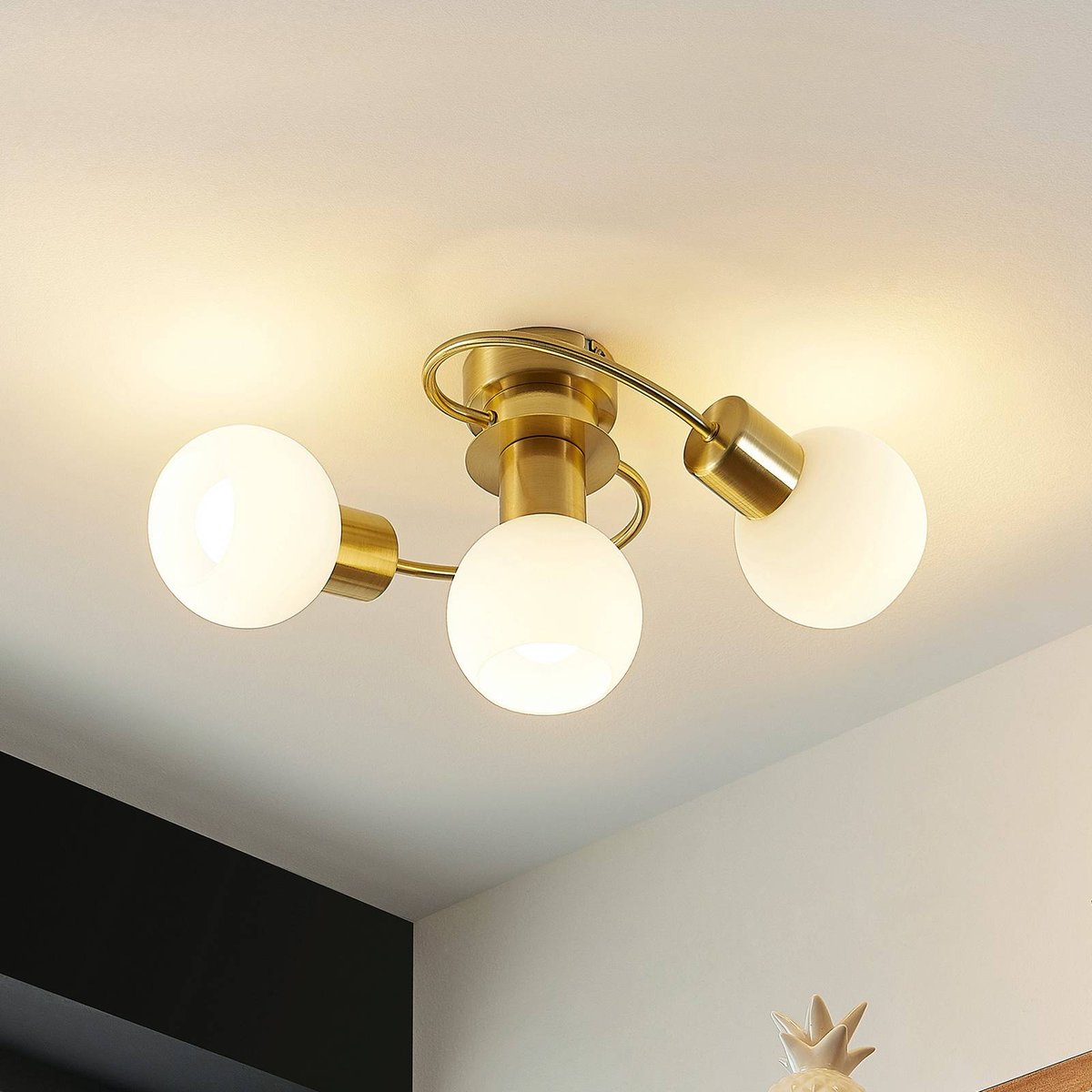 Plafonnier en verre moderne, Ciala laiton, blanc, LINDBY