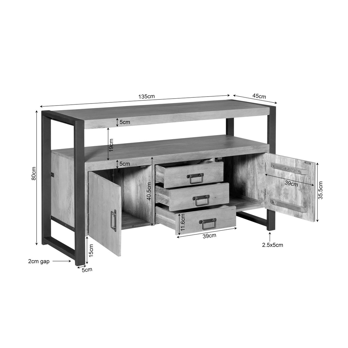 Buffet salon bois clair métal noir 2 portes 3 tiroirs MILORA bois naturel, PIER IMPORT