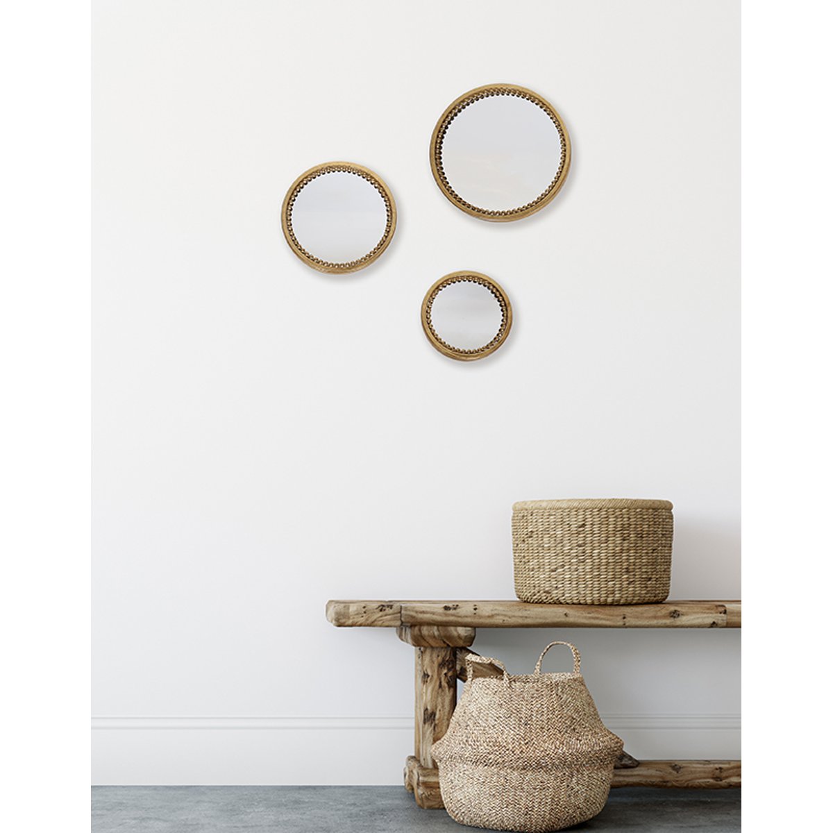 Lot de 3 miroirs ronds perles en métal 18, 23 et 28cm or, EMDE